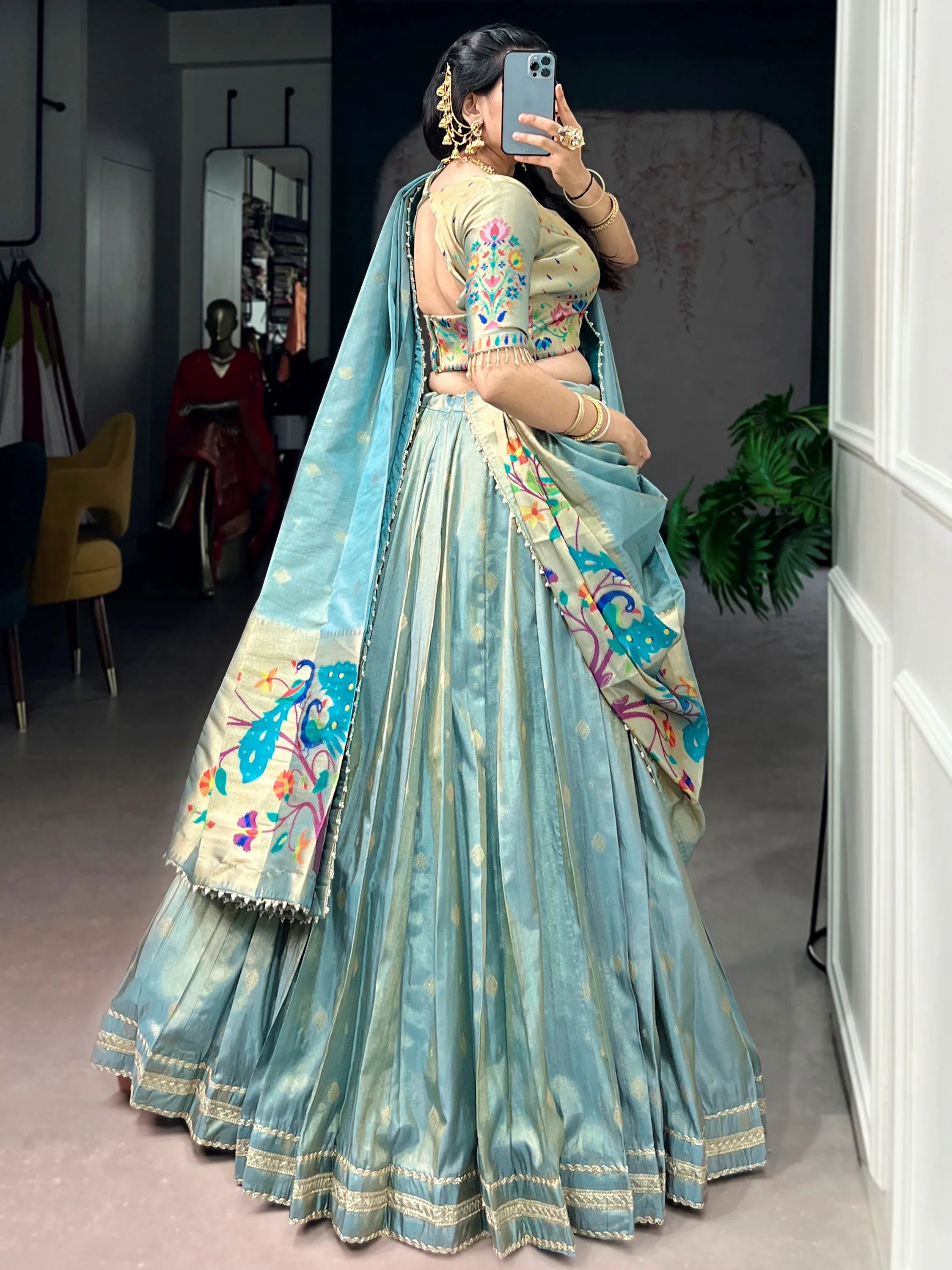 Alluring Sky Blue Zari Weaving Shimmer Traditional Lehenga With Blouse