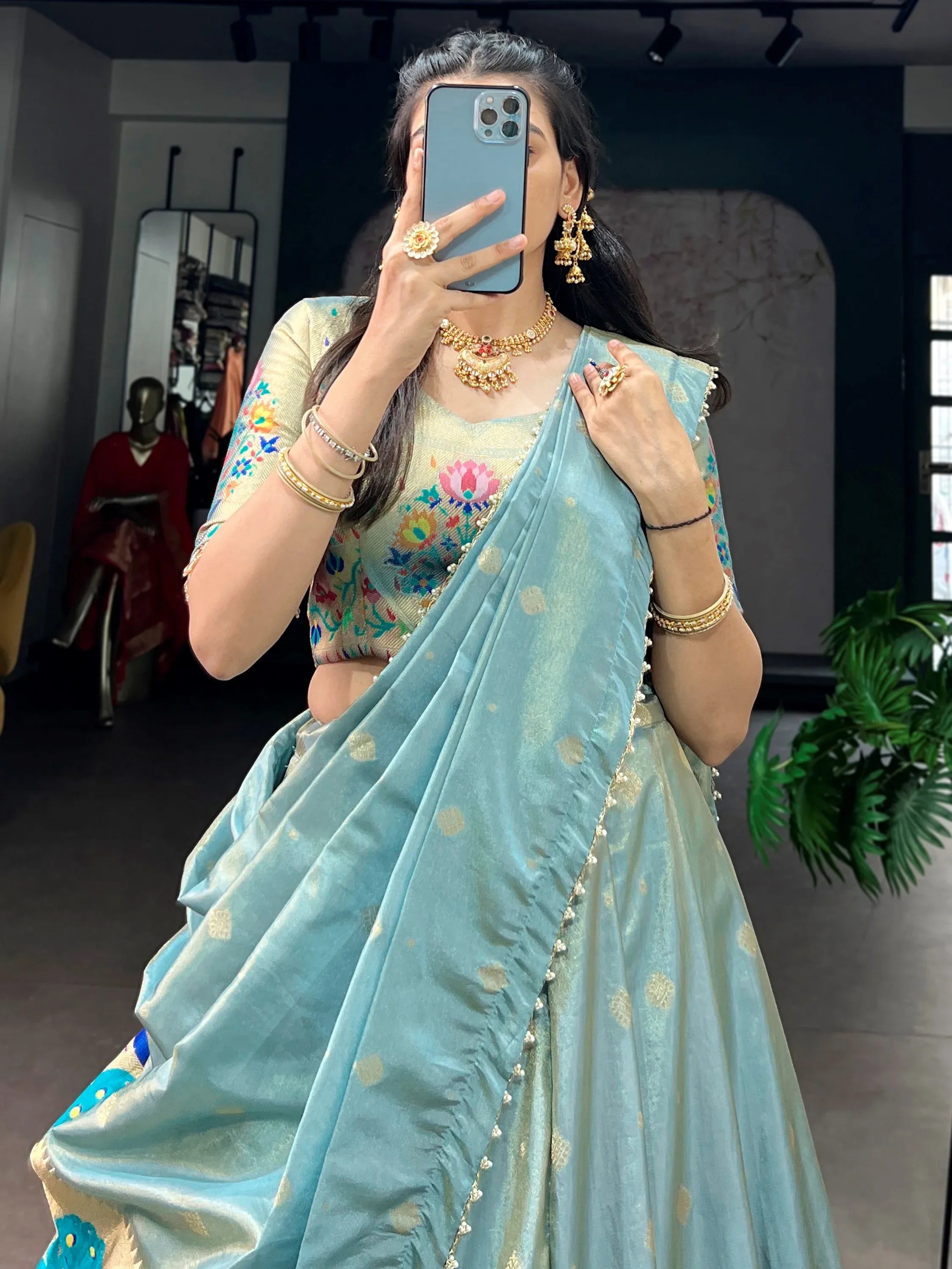 Alluring Sky Blue Zari Weaving Shimmer Traditional Lehenga With Blouse