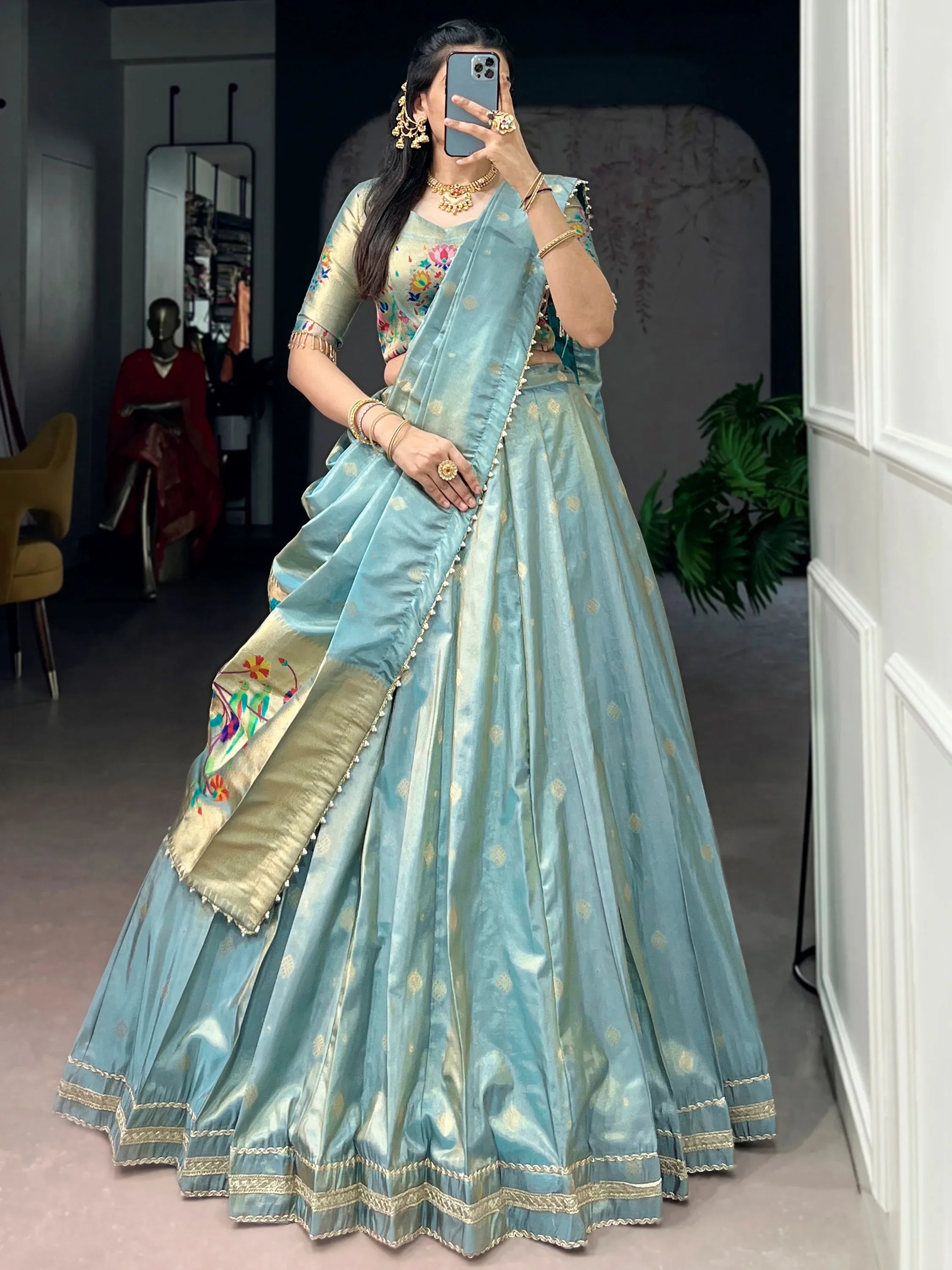 Alluring Sky Blue Zari Weaving Shimmer Traditional Lehenga With Blouse