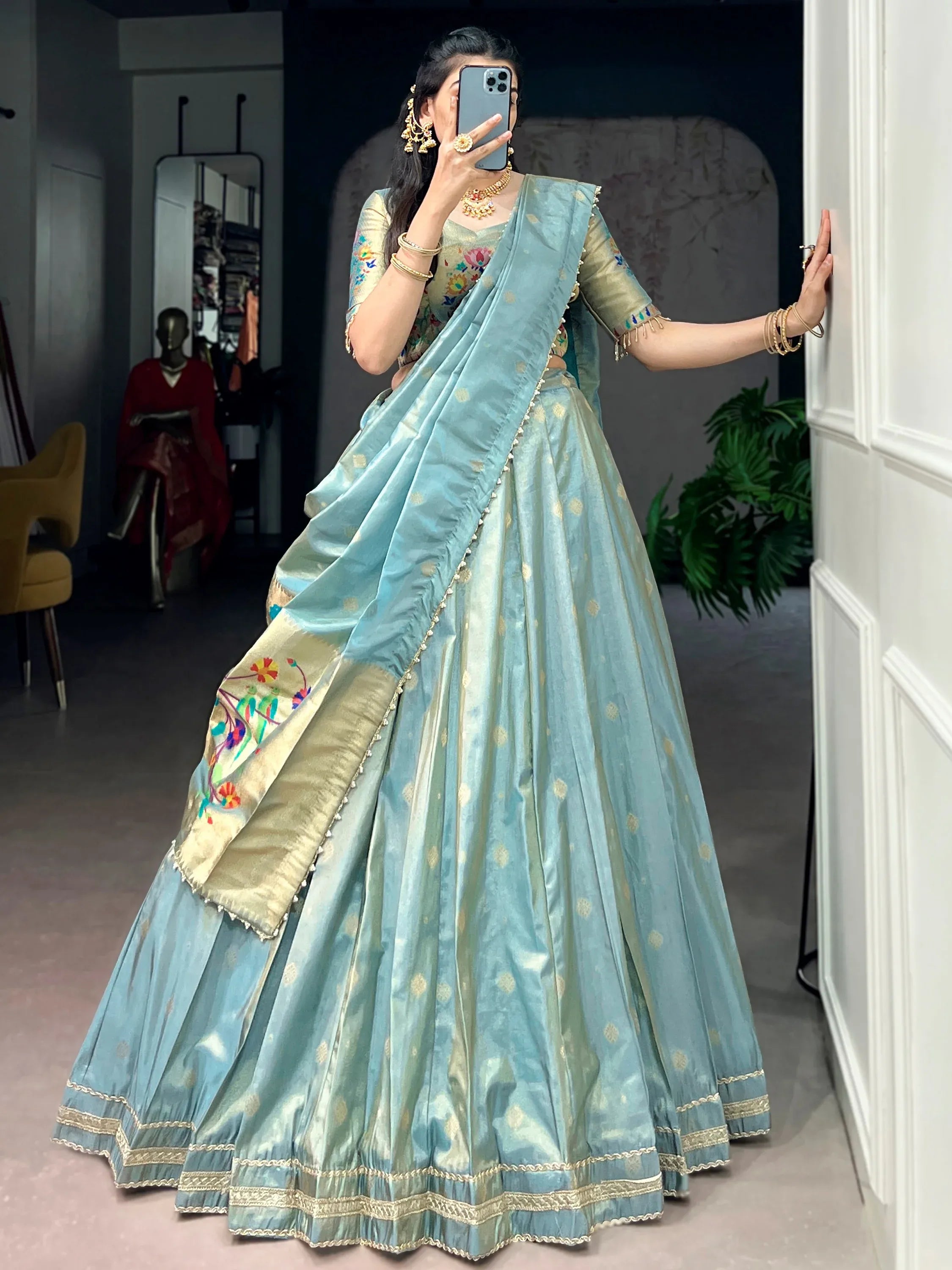 Alluring Sky Blue Zari Weaving Shimmer Traditional Lehenga With Blouse