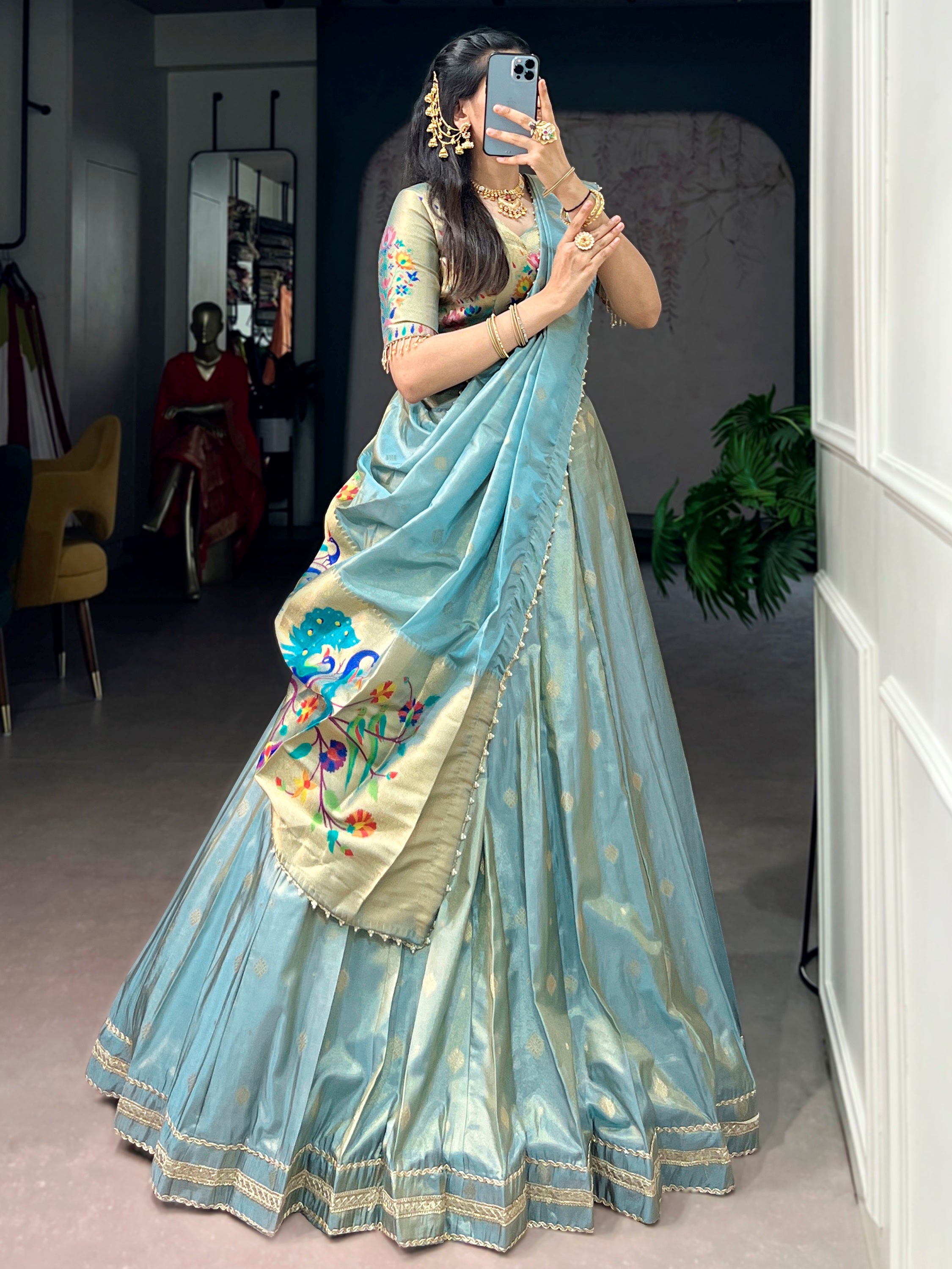 Alluring Sky Blue Zari Weaving Shimmer Traditional Lehenga With Blouse