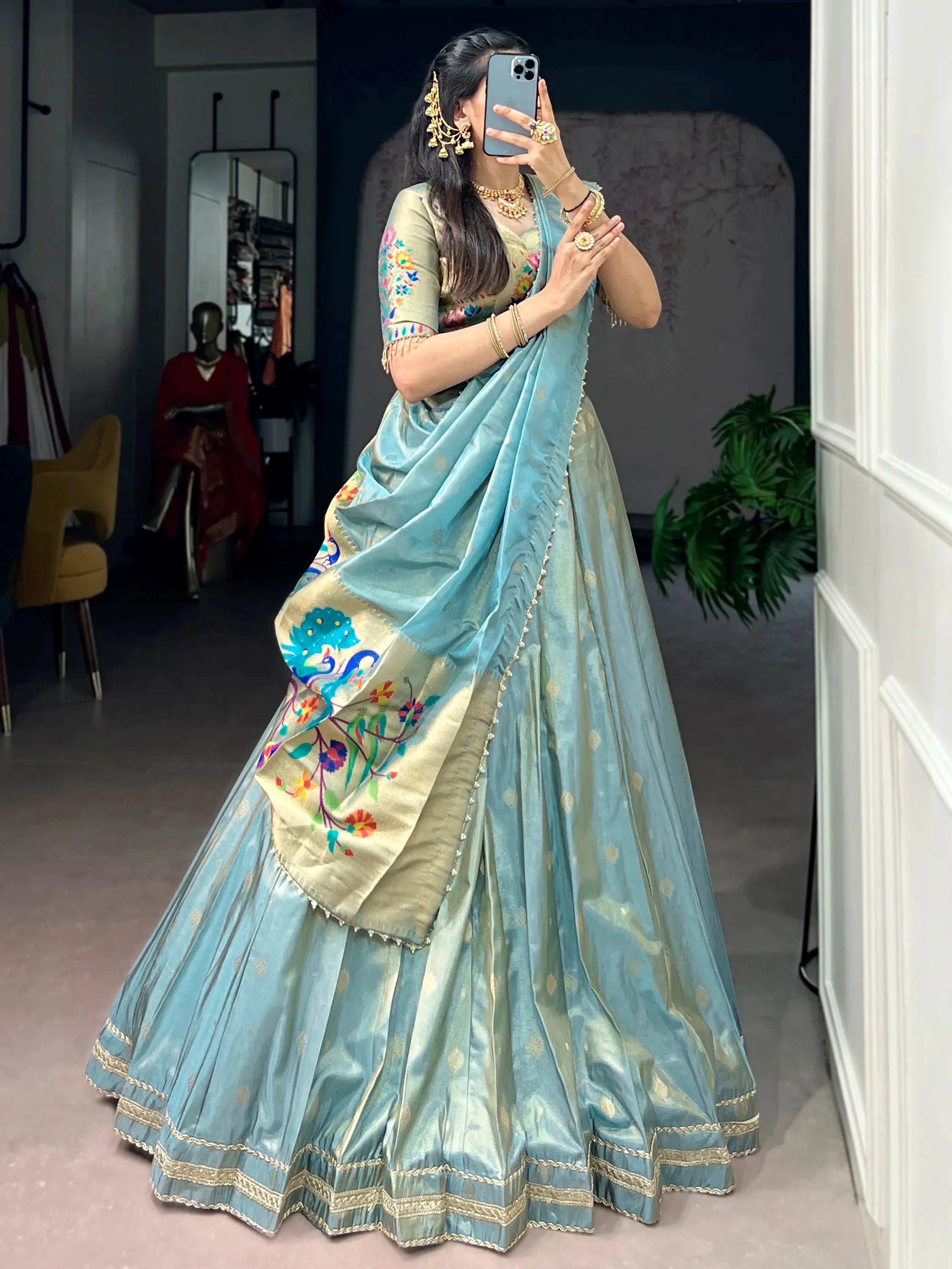Alluring Sky Blue Zari Weaving Shimmer Traditional Lehenga With Blouse
