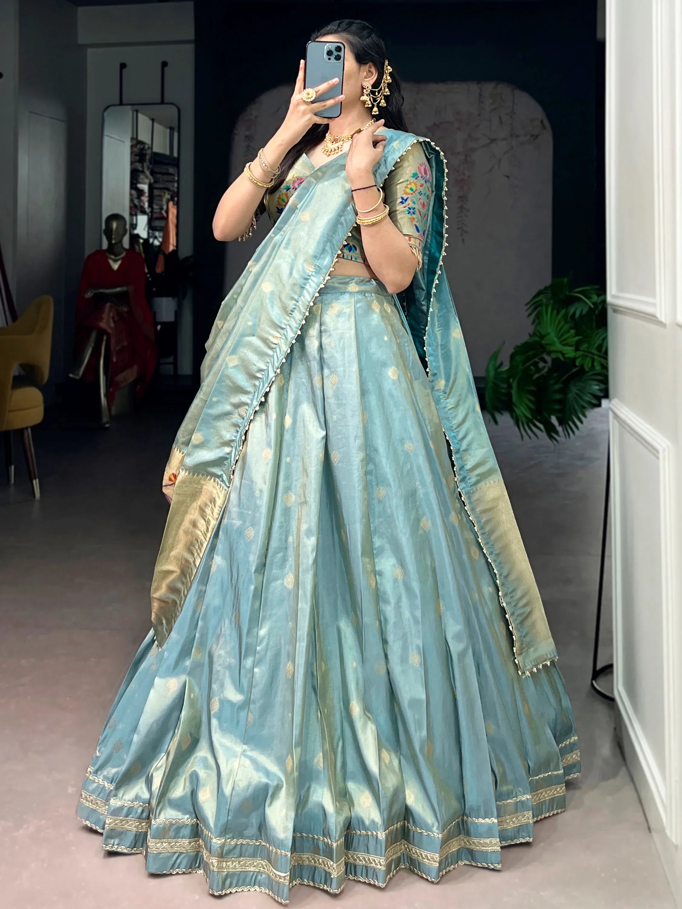 Alluring Sky Blue Zari Weaving Shimmer Traditional Lehenga With Blouse