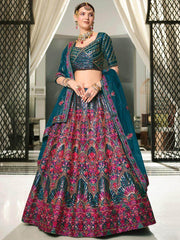 Magnificent Teal Blue Heavy Sequins Silk Wedding Lehenga Choli