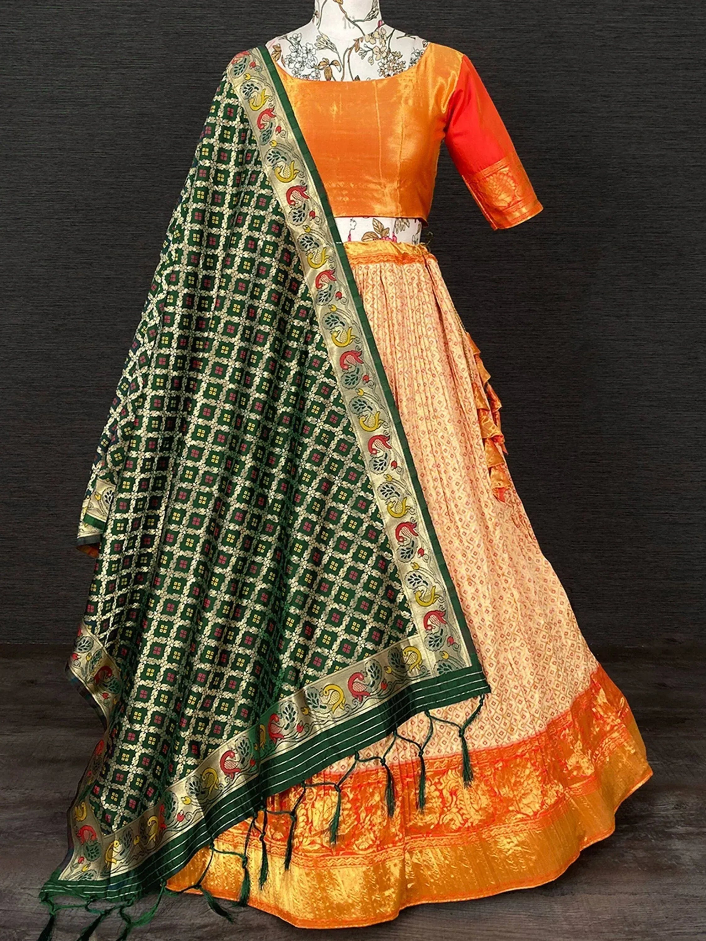 Orange and green designer lehenga choli with embroidered dupatta, ethnic Indian wear