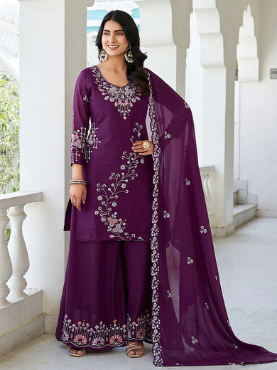 Tantalizing Wine Sequins Embroidered Georgette Palazzo Suit