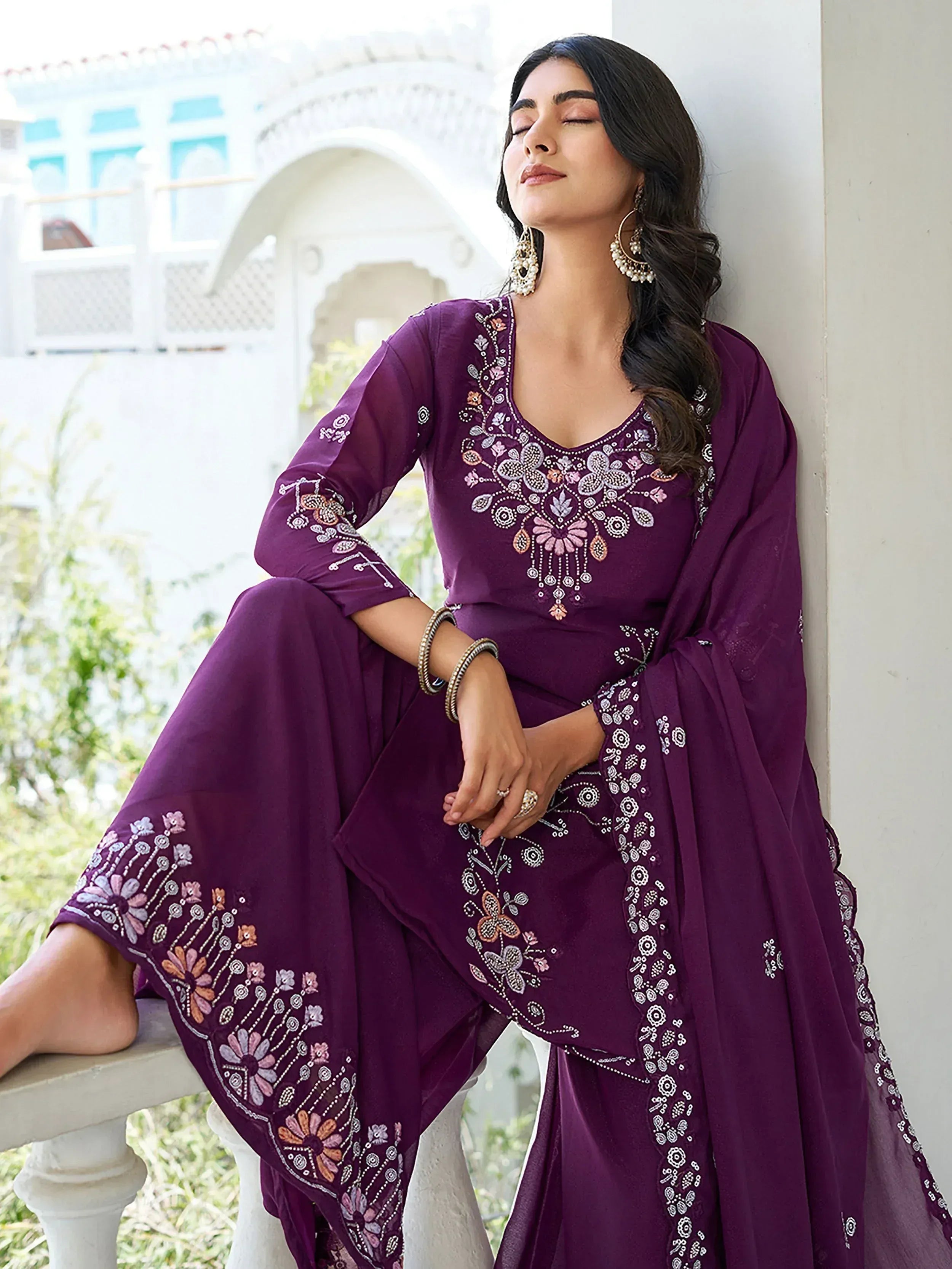 Tantalizing Wine Sequins Embroidered Georgette Palazzo Suit