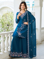 Mesmerizing Blue Georgette Sequins Embroidered Palazzo Suit