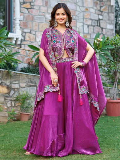 Elegant Purple Sequins Embroidered Silk Festive Wear Lehenga Choli