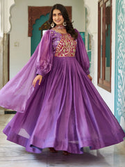 Glamorous Purple Embroidered Silk Wedding Wear Gown With Dupatta