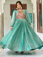 Awesome Green Embroidered Silk Festive Wear Gown With Dupatta