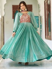 Awesome Green Embroidered Silk Festive Wear Gown With Dupatta