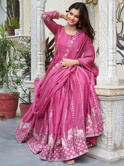 Incredible Pink Sequins Georgette Festival Wear Gown With Dupatta