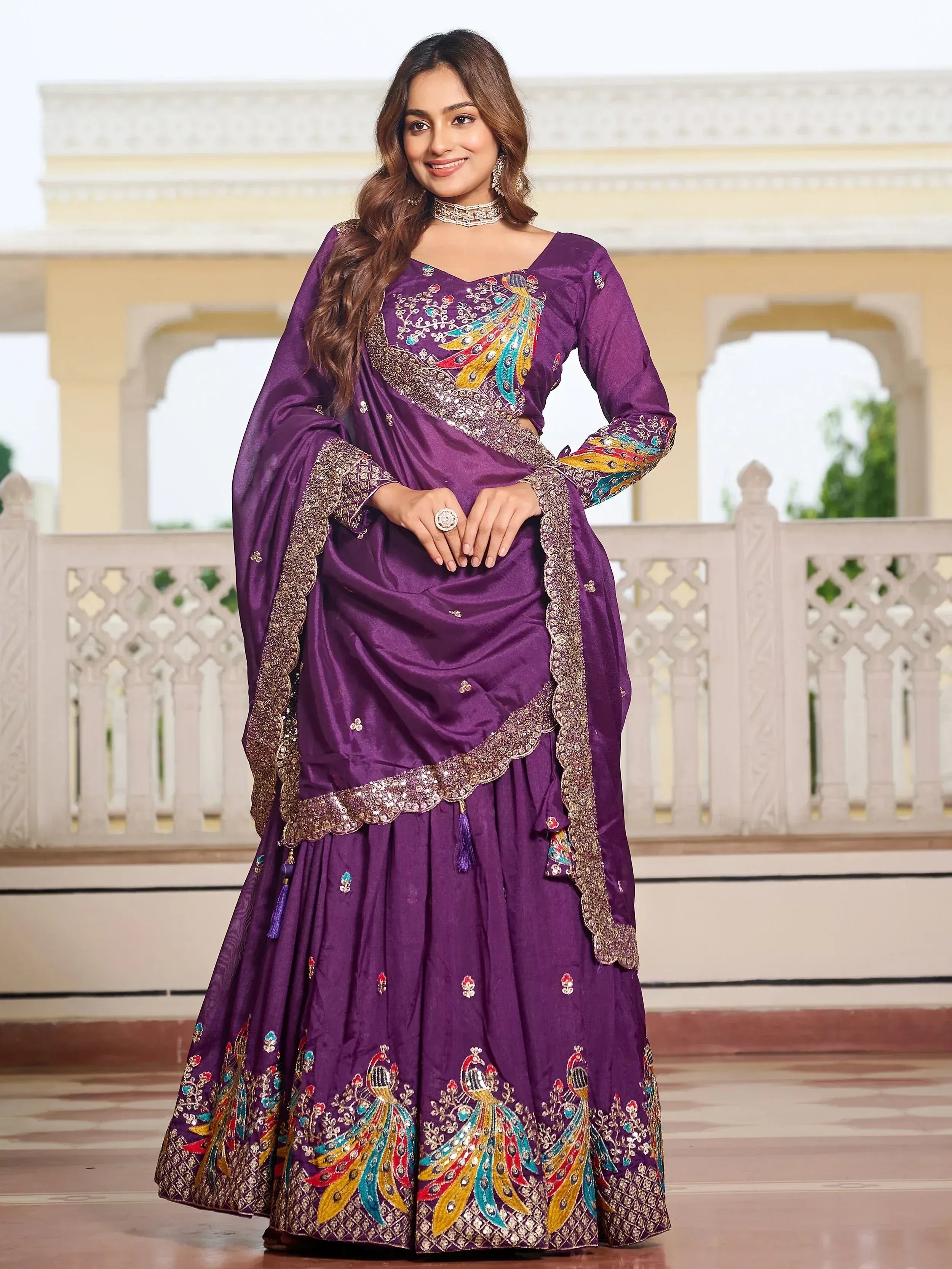 Purple designer lehenga choli with peacock embroidery, ethnic Indian wear for weddings and festivals