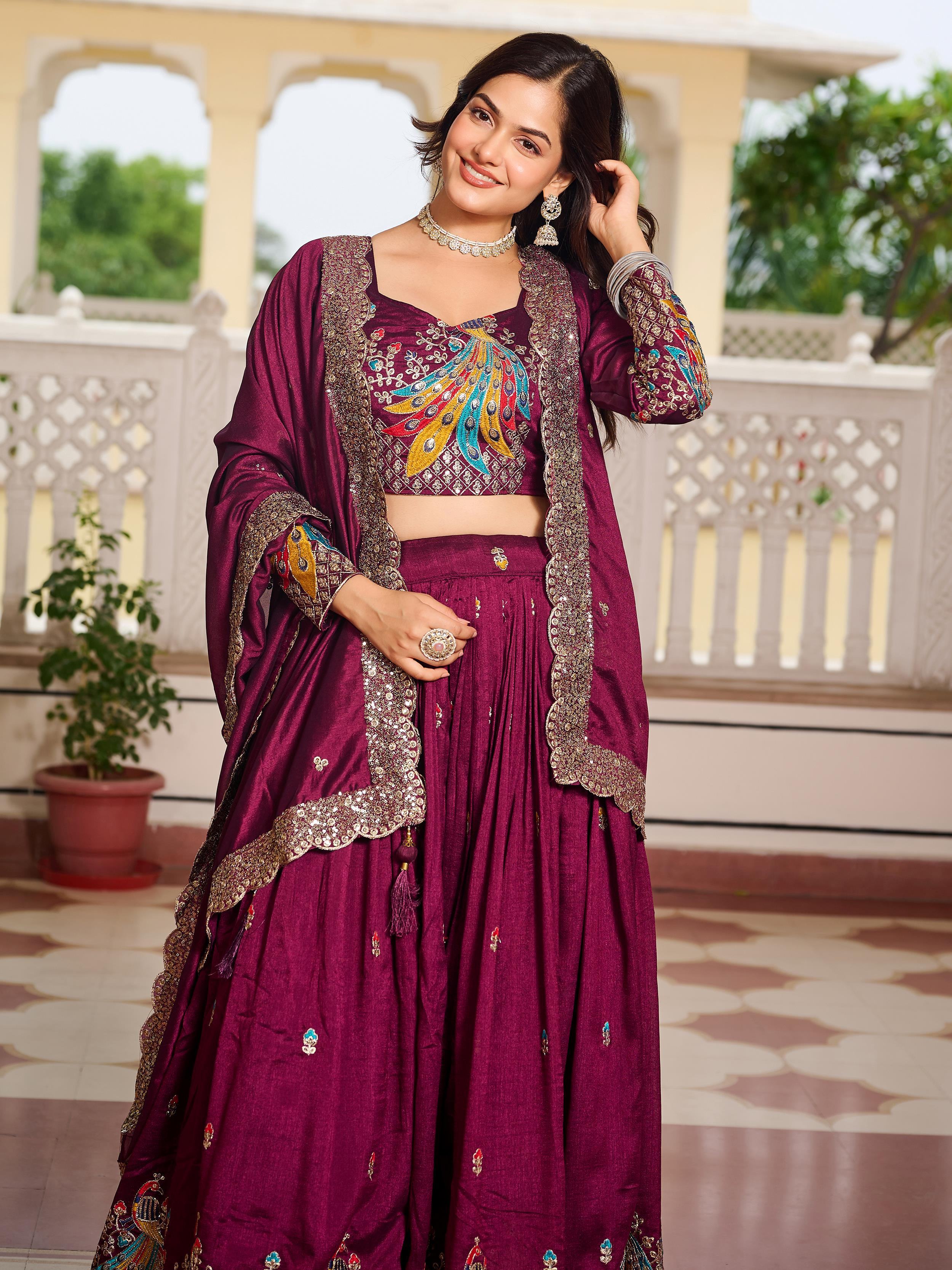 Attractive Wine Thread Embroidered Silk Lehenga Choli With Dupatta