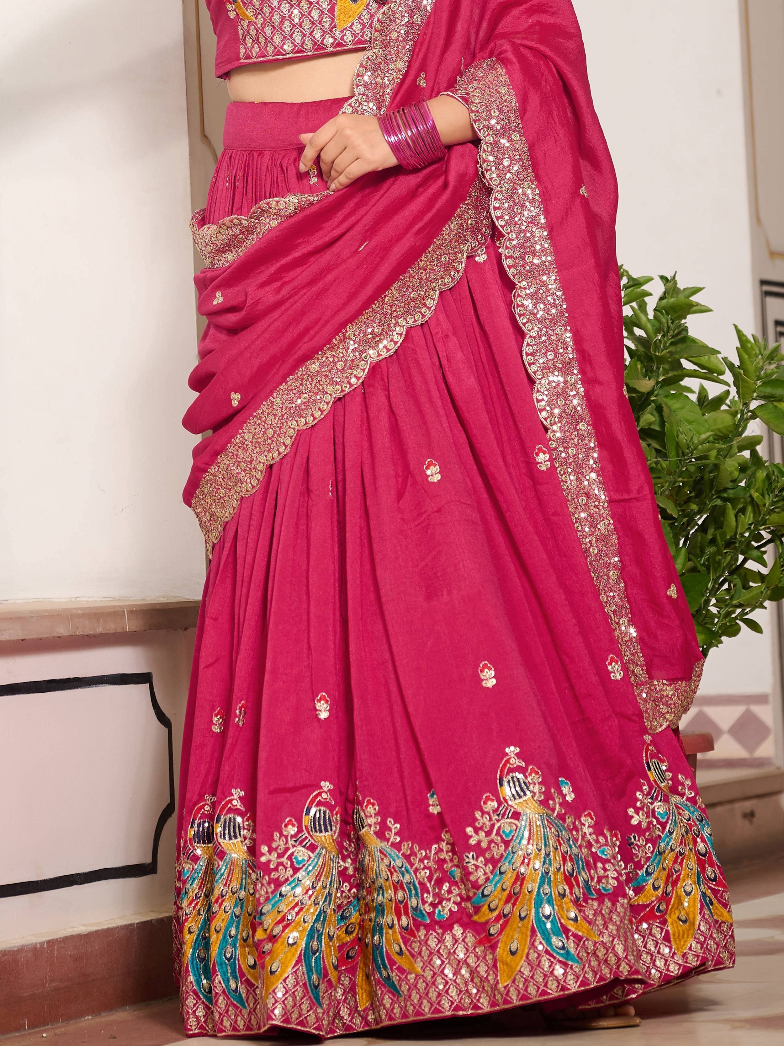Fuchsia lehenga choli with peacock embroidery and gold sequin border, Indian ethnic wear