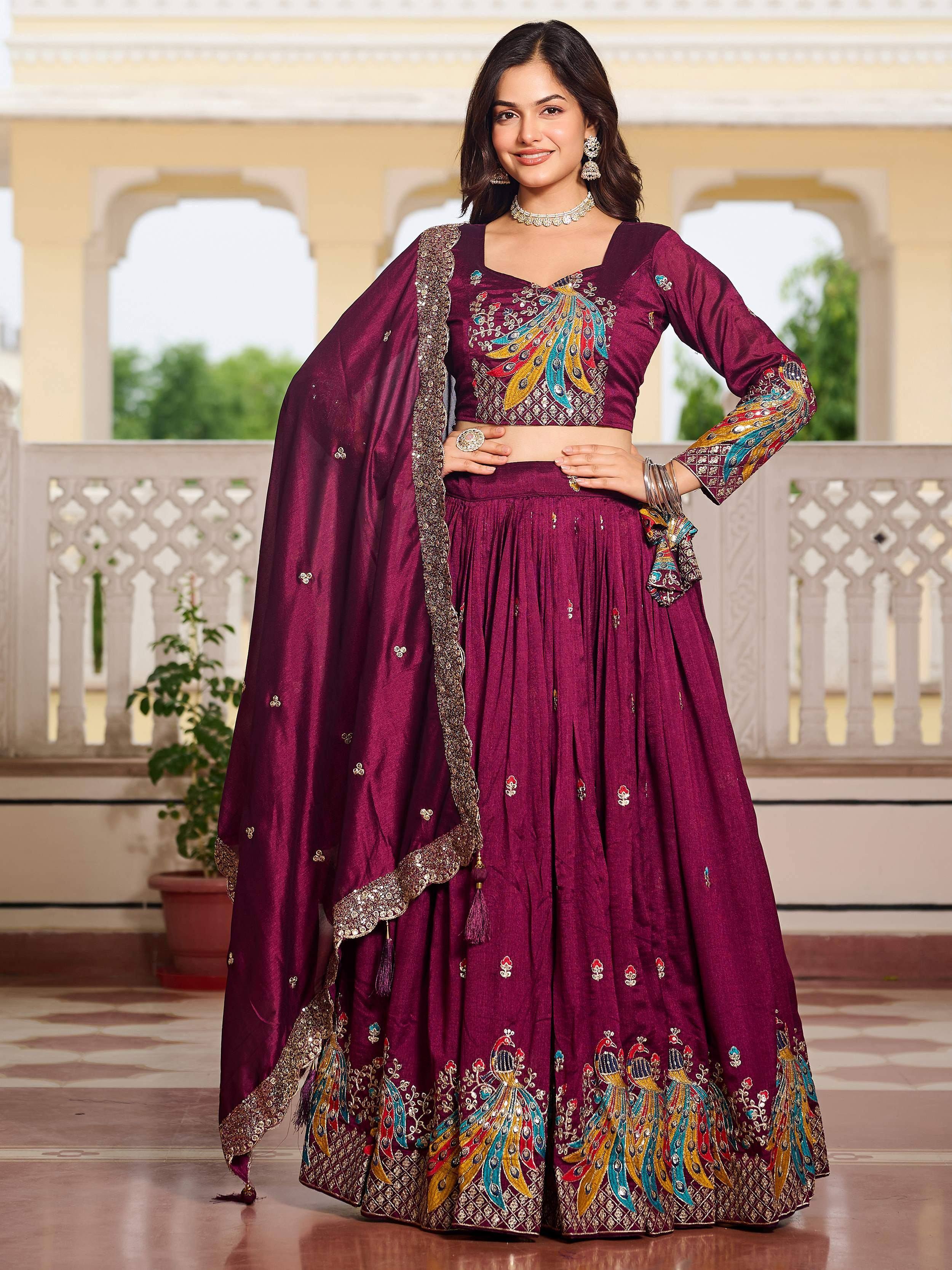Burgundy designer lehenga choli with peacock embroidery, perfect for Indian ethnic wear occasions
