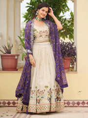 Elegant Off-White Sequnis Silk Lehenga Choli With Purple Dupatta