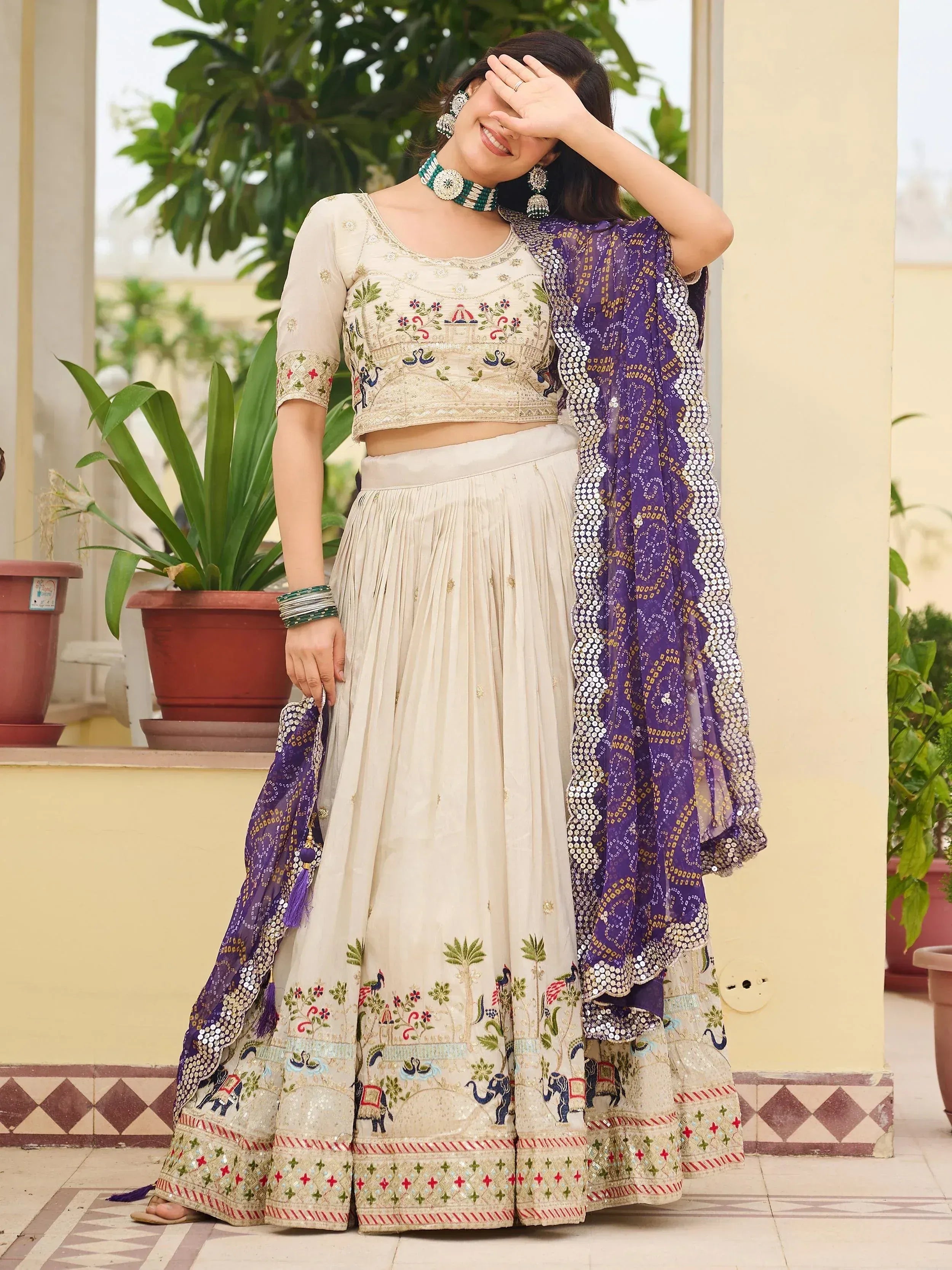 Elegant Off-White Sequnis Silk Lehenga Choli With Purple Dupatta