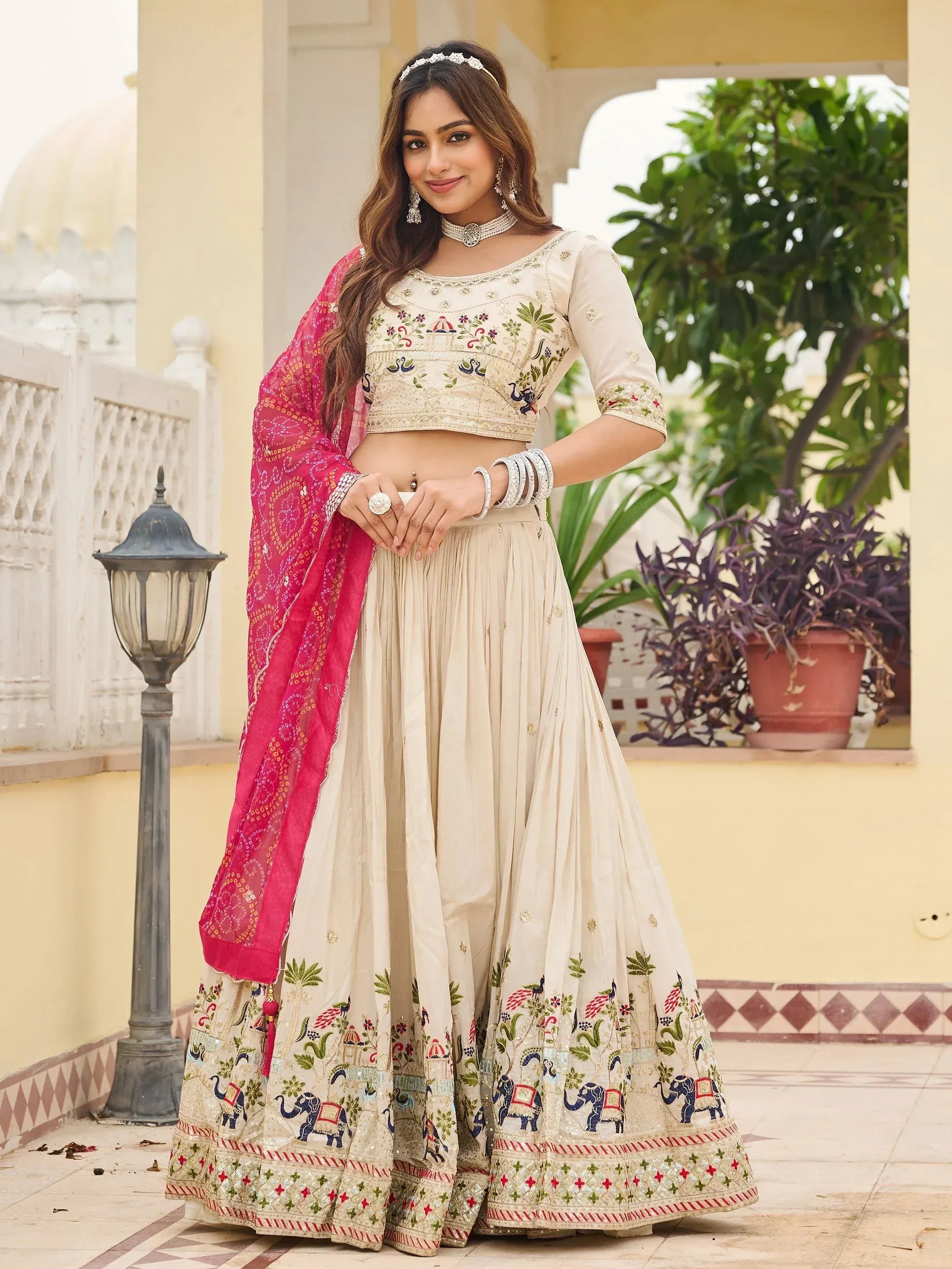 Classic Off-White Sequnis Silk Lehenga Choli With Pink Dupatta