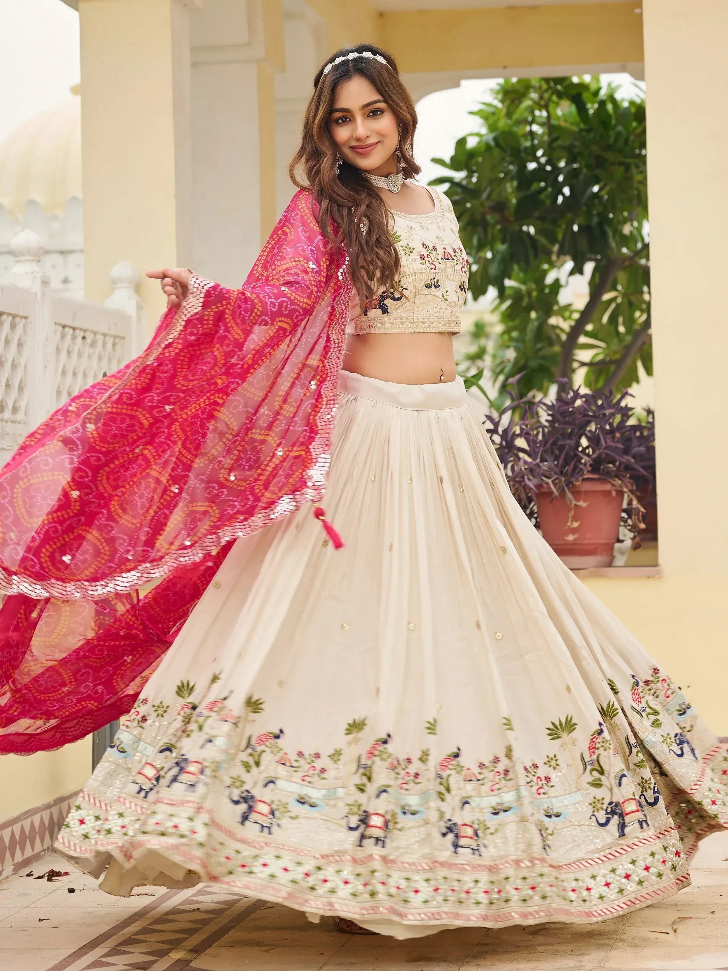 Classic Off-White Sequnis Silk Lehenga Choli With Pink Dupatta