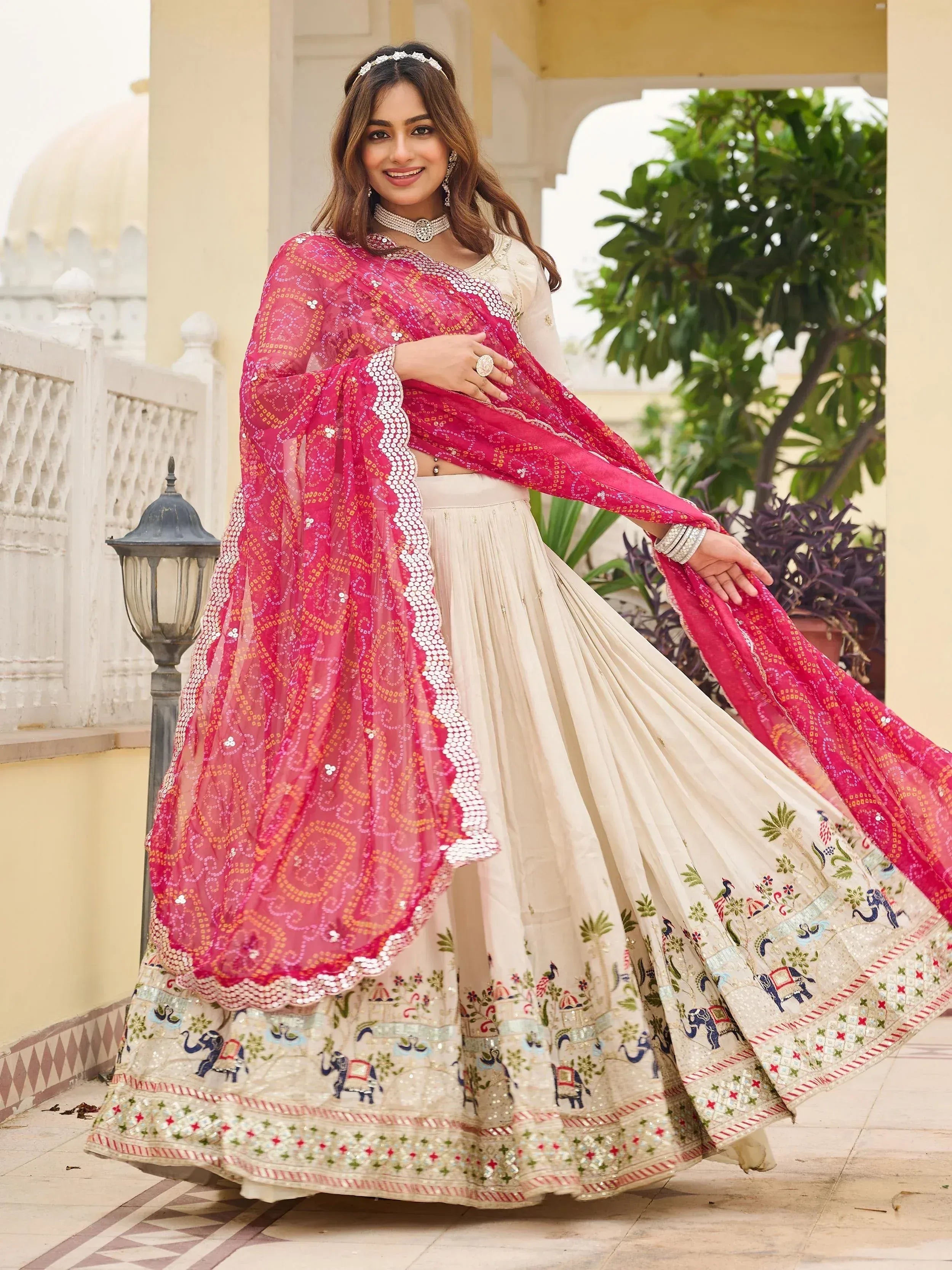 Classic Off-White Sequnis Silk Lehenga Choli With Pink Dupatta