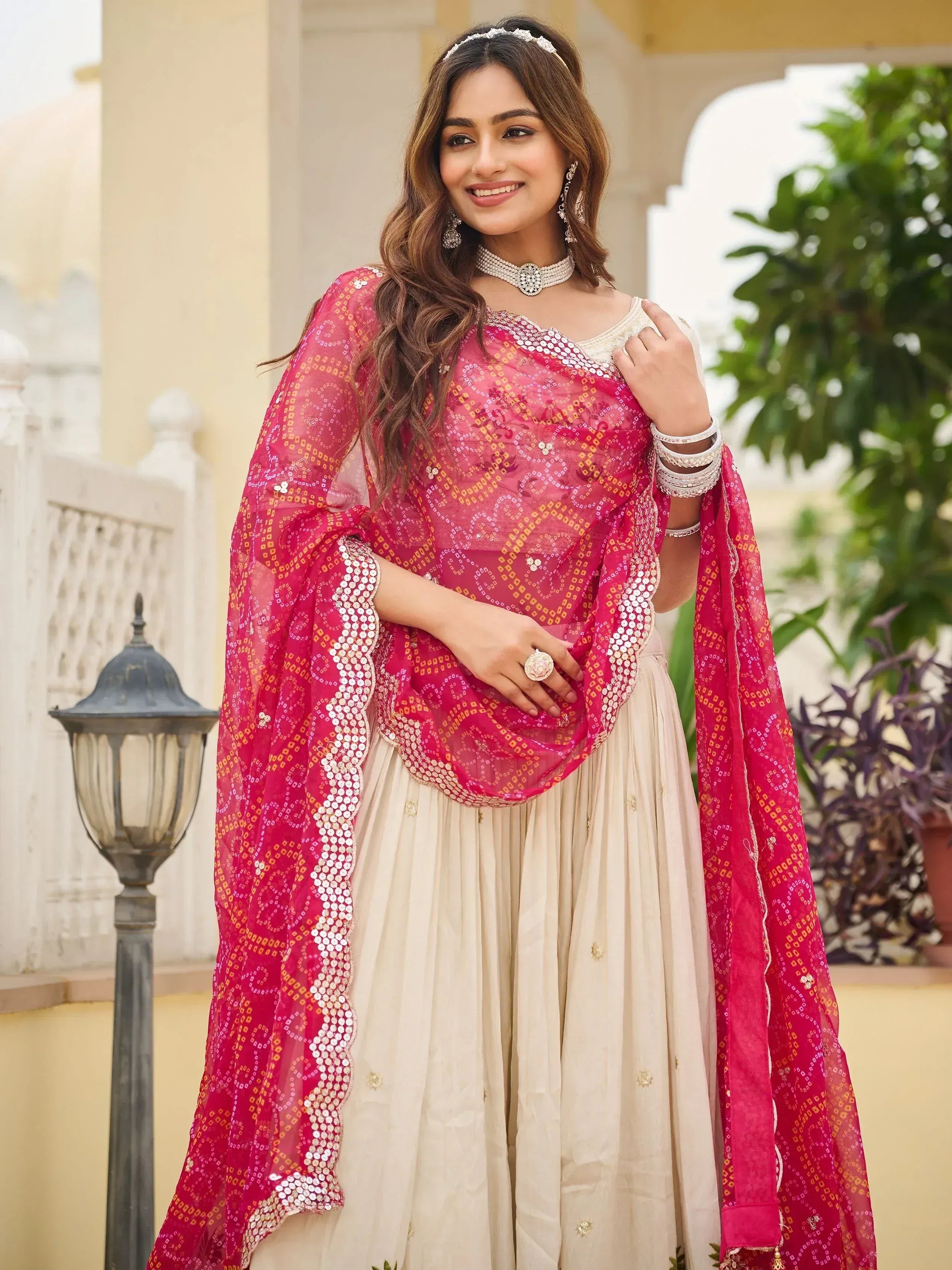 Classic Off-White Sequnis Silk Lehenga Choli With Pink Dupatta