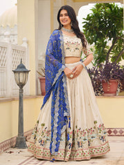Graceful Off-White Sequnis Silk Lehenga Choli With Blue Dupatta