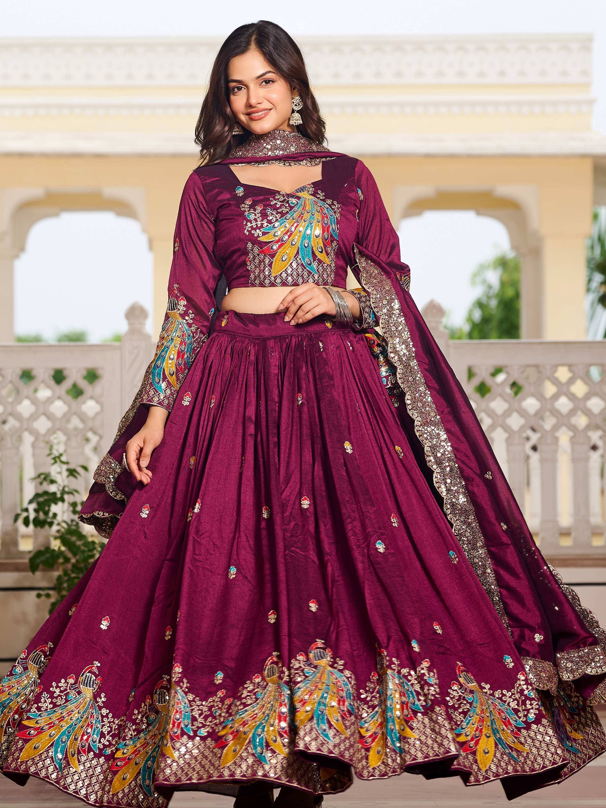 Elegant maroon lehenga choli with peacock embroidery, perfect for Indian weddings and festive occasions.