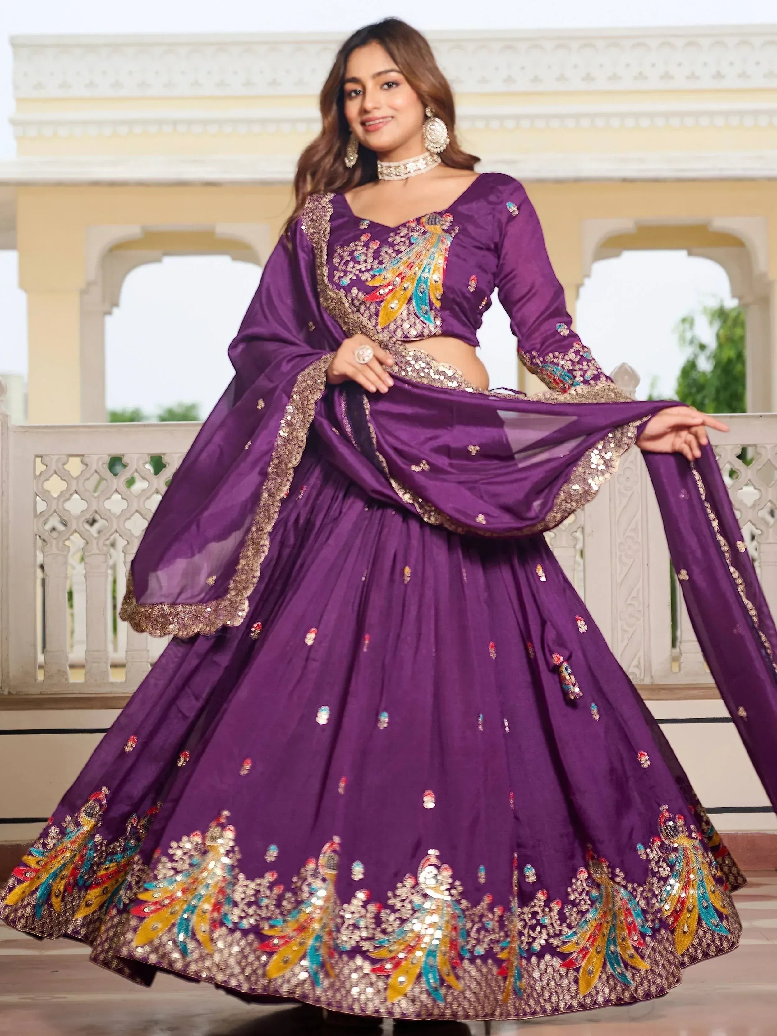 Tantalizing Purple Silk Sequins Lehenga Choli With Dupatta