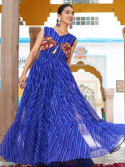 Impressive Blue Georgette Leheriya Print Festival Wear Gown