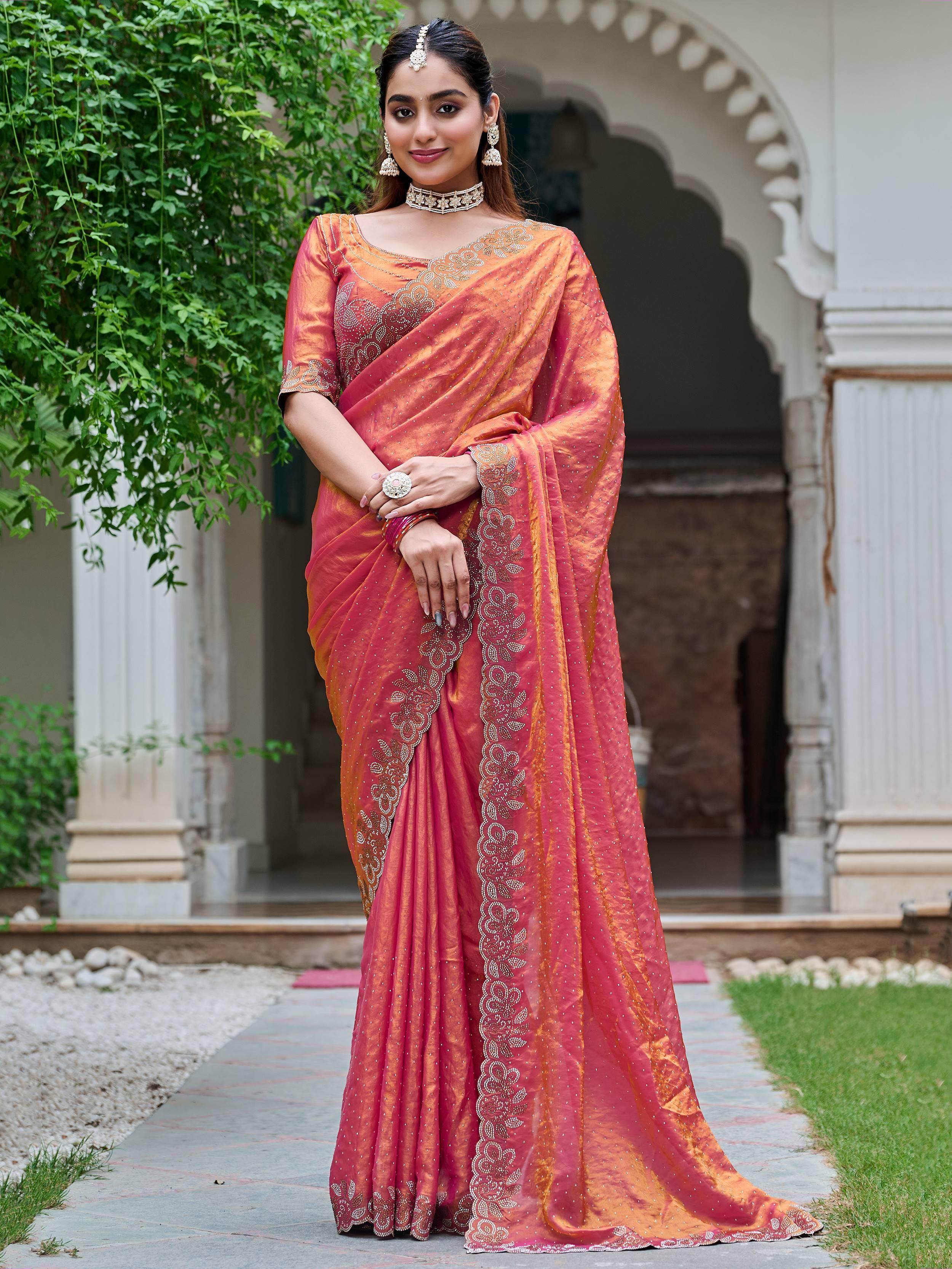 Gorgeous Orange Silk Diamond Work Wedding Wear Saree With Blouse