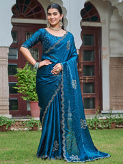 Adorning Teal Blue Silk Diamond Work Event Wear Saree With Blouse