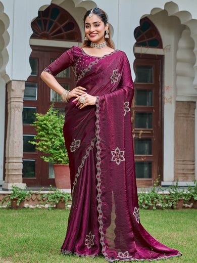 Impressive Wine Stone Work Silk Function Wear Saree With Blouse