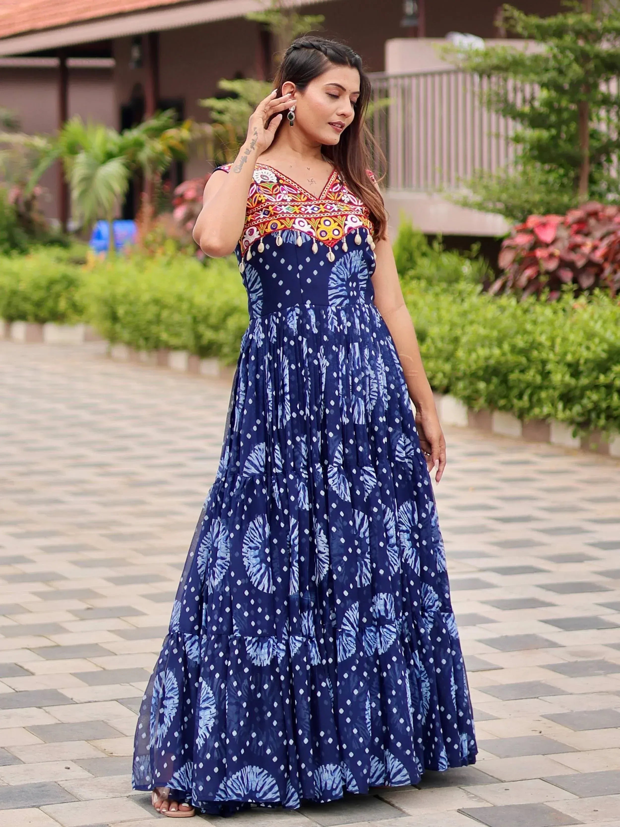 Blue ethnic gown with embroidered yoke and tie-dye print, perfect for Indian occasions