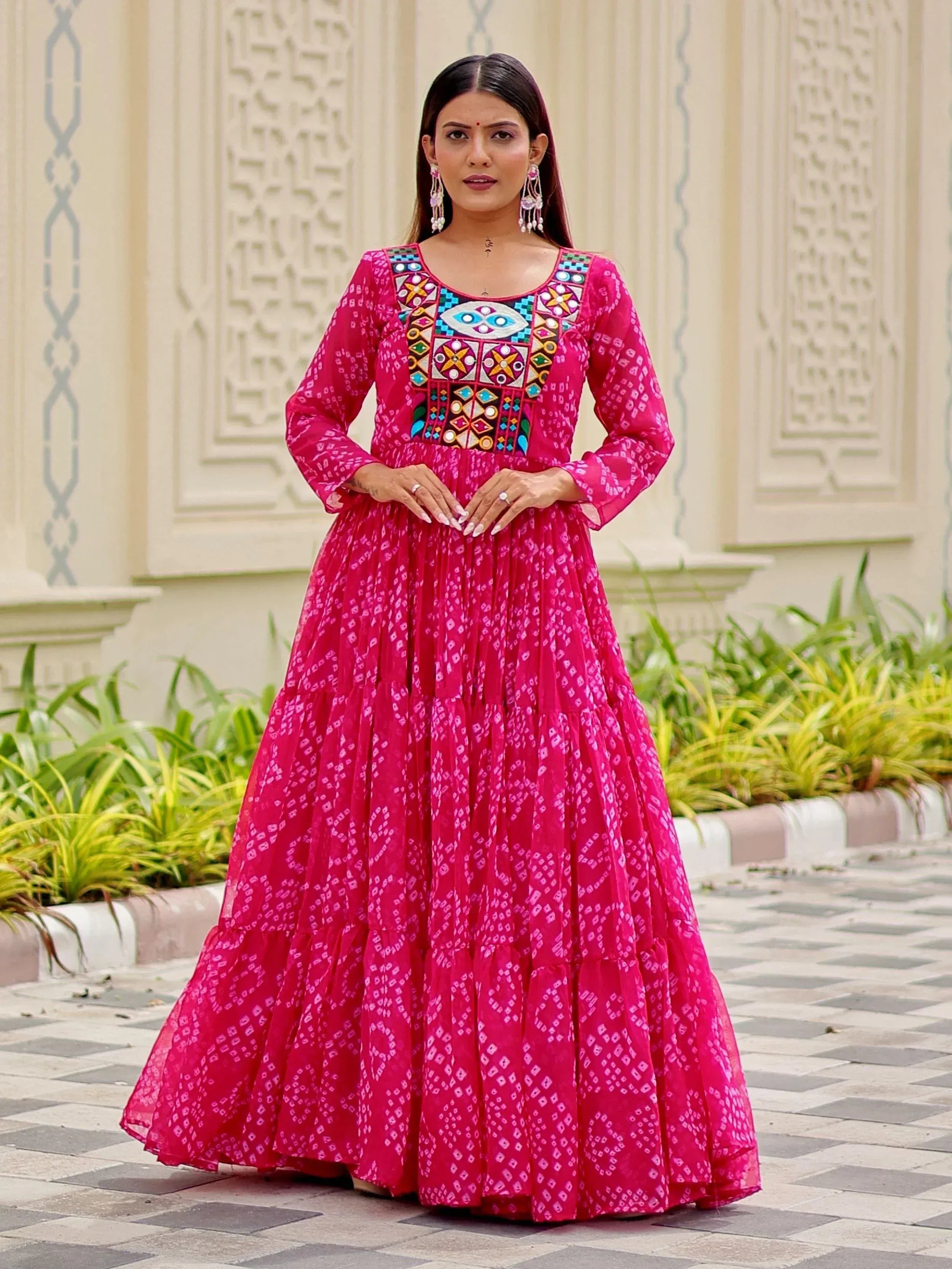 Pink ethnic anarkali gown with mirror work and geometric print, perfect for Indian festive occasions