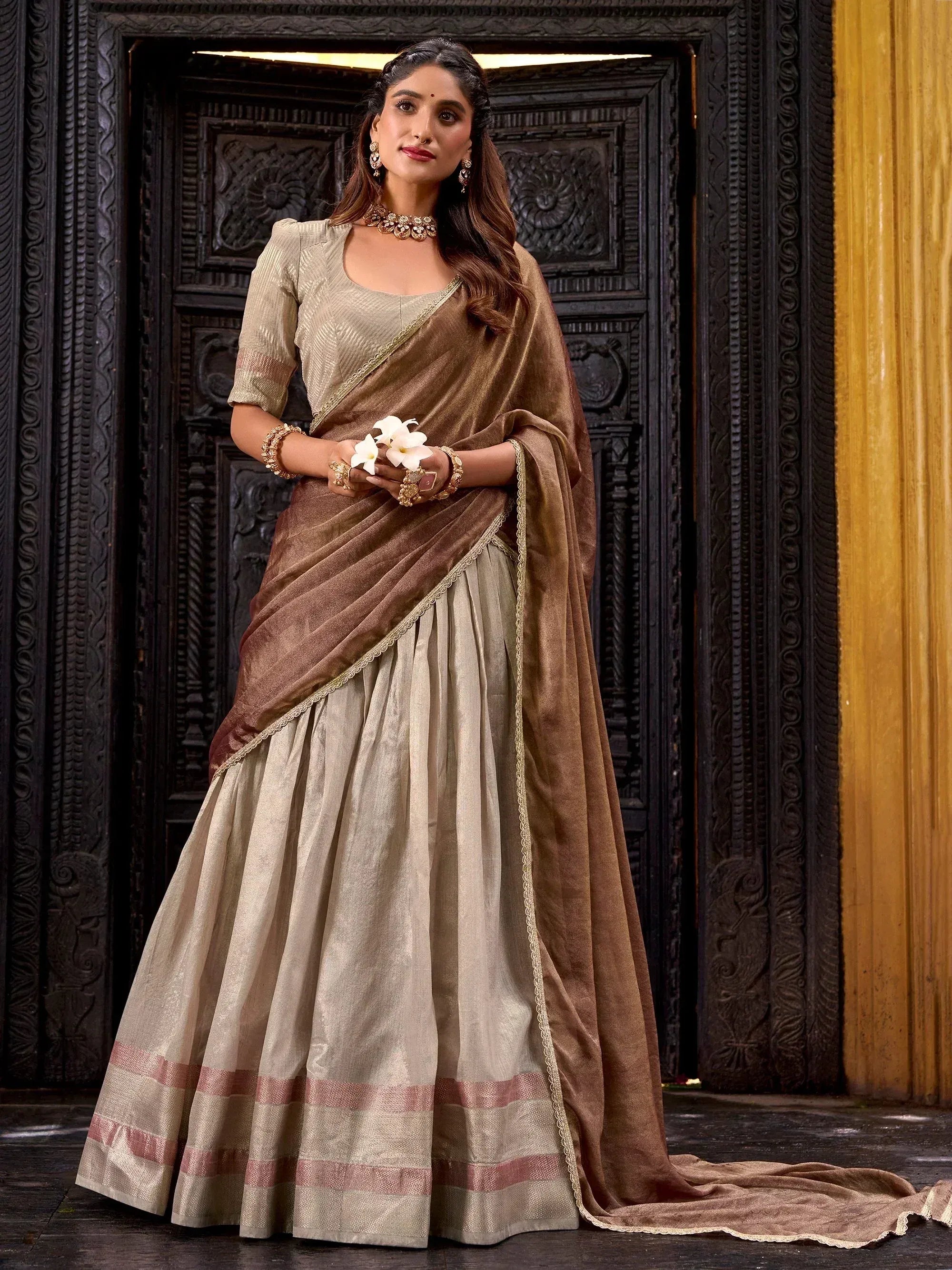 Cream Zari Weaving Silk Half Saree Lehenga Choli