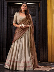 Cream Zari Weaving Silk Half Saree Lehenga Choli