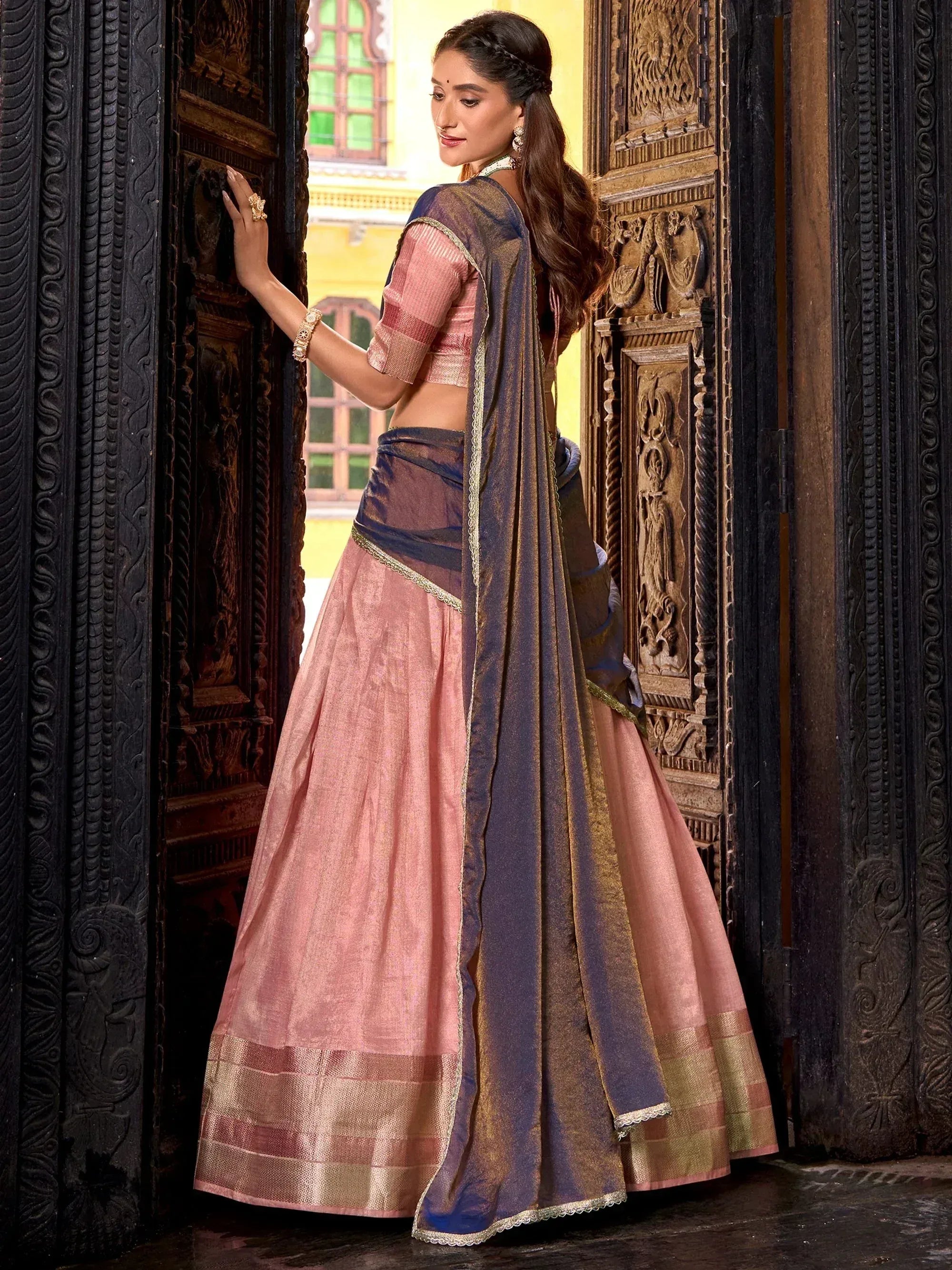 Elegant Light Pink Zari Weaving Silk Half Saree Lehenga Choli