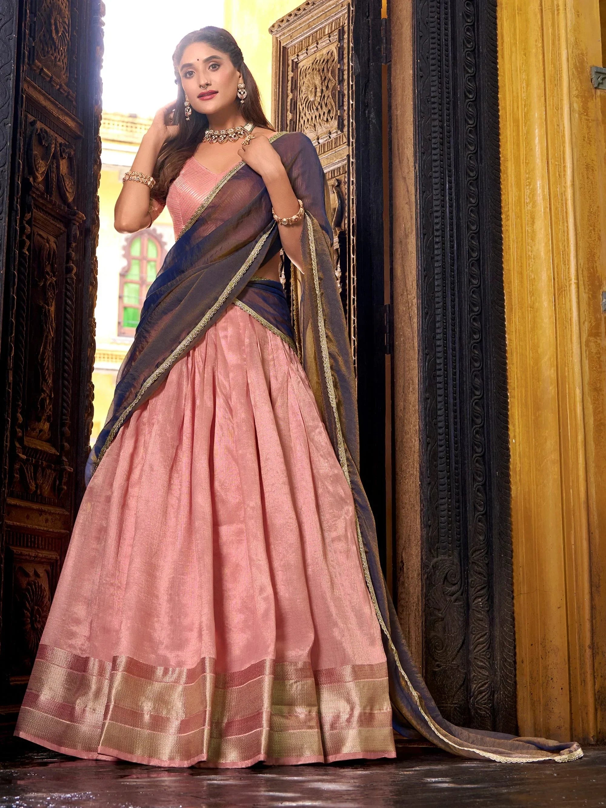 Elegant Light Pink Zari Weaving Silk Half Saree Lehenga Choli