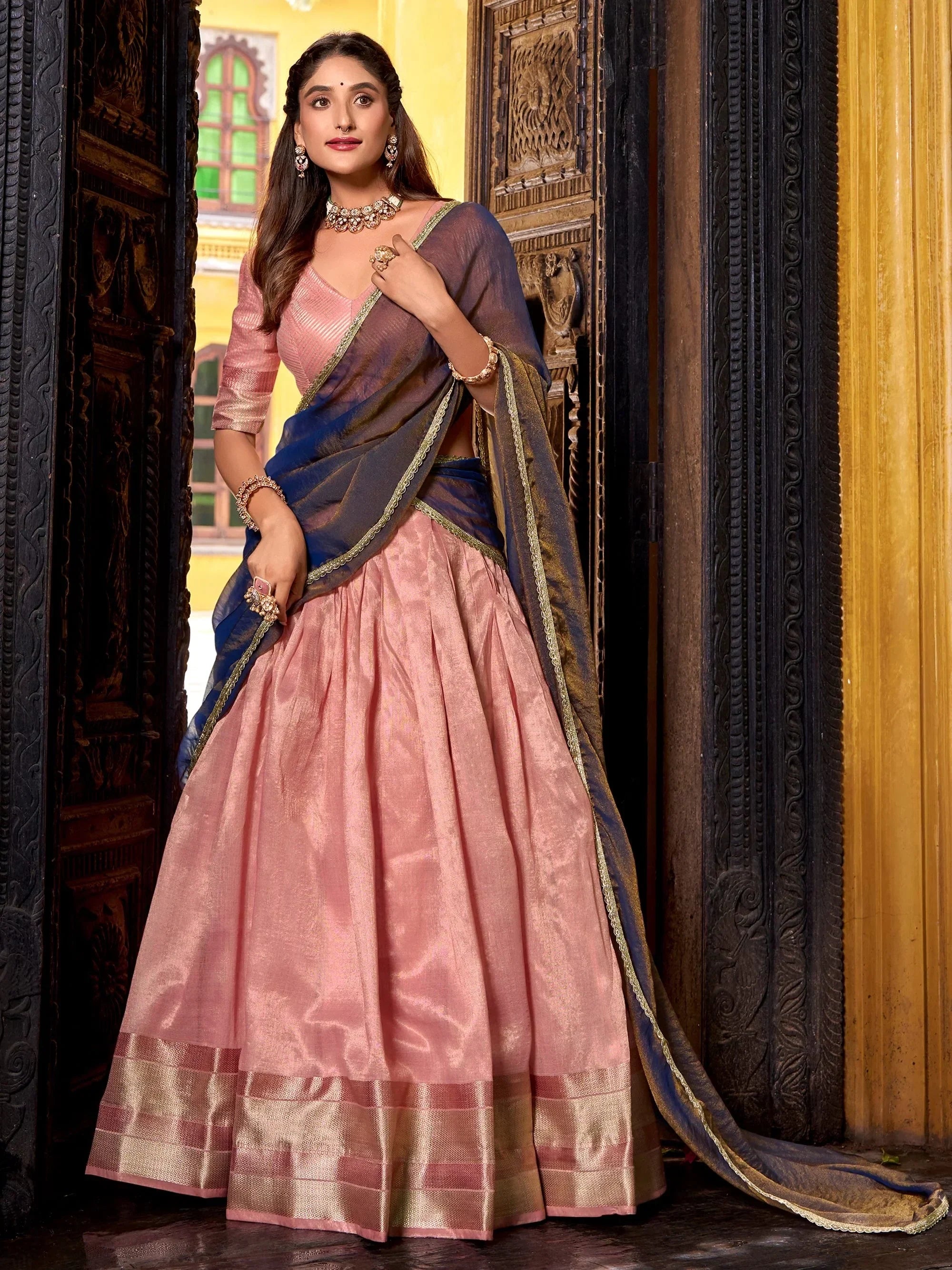 Elegant Light Pink Zari Weaving Silk Half Saree Lehenga Choli