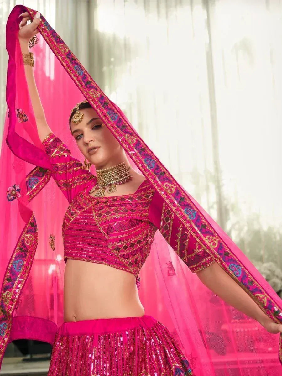 Pink embroidered lehenga choli with dupatta, ethnic Indian wear for weddings and festivals