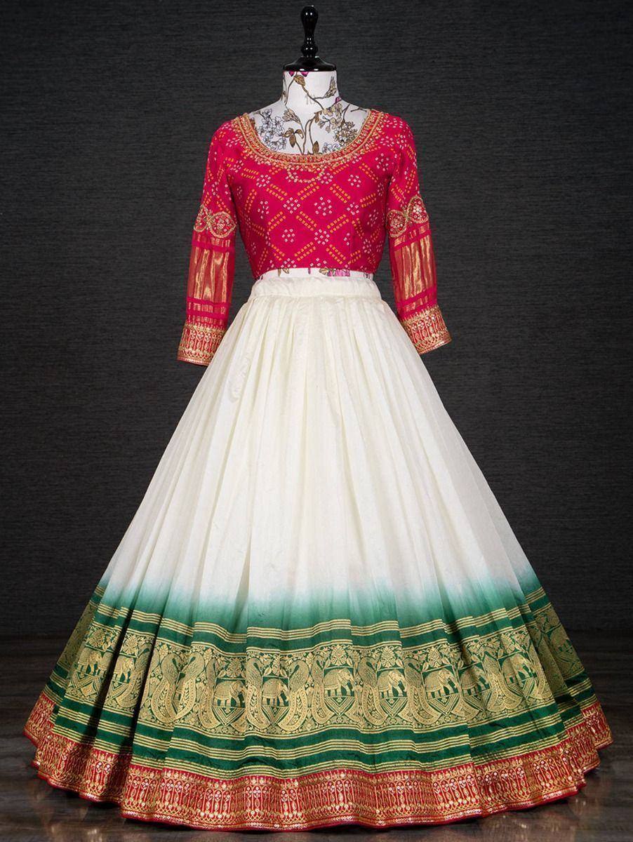 Red embroidered blouse with white and green ombre lehenga, ethnic Indian wear