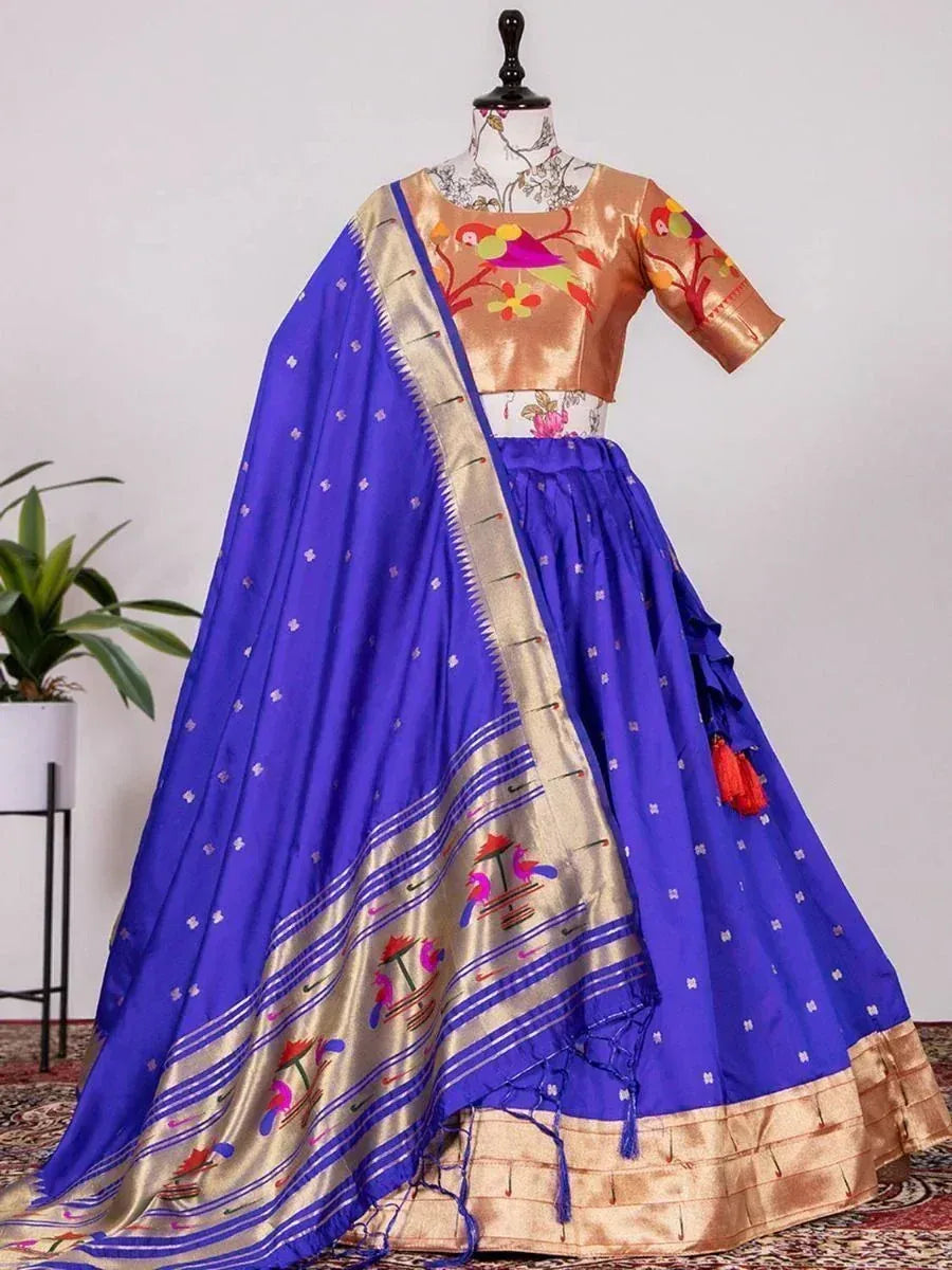 Blue lehenga choli with bird embroidery, gold border, and matching dupatta for Indian ethnic wear
