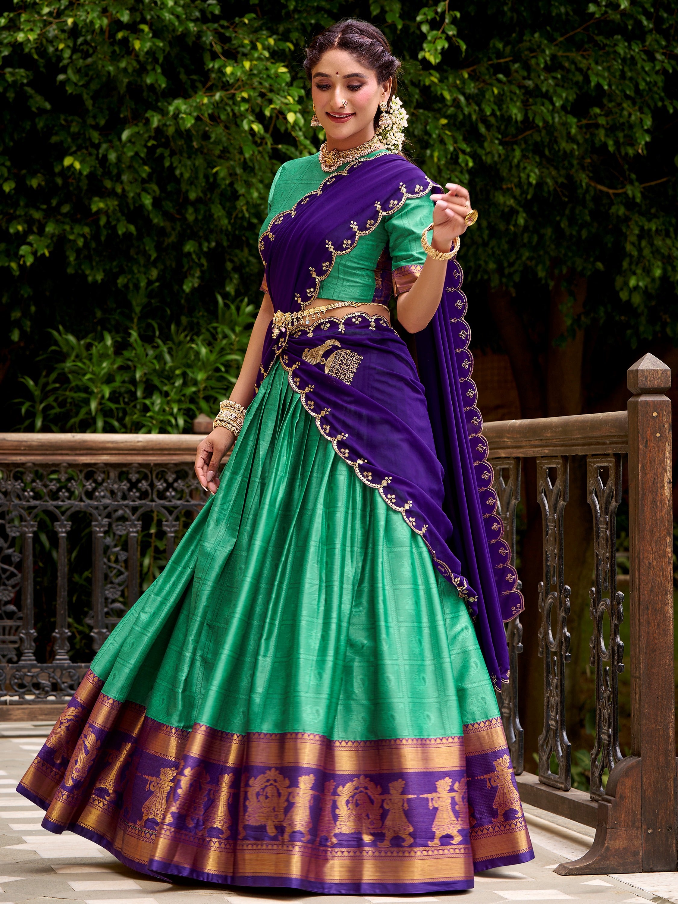 Great Sea Green Zari Waving Cotton Function Wear Half Saree Lehenga