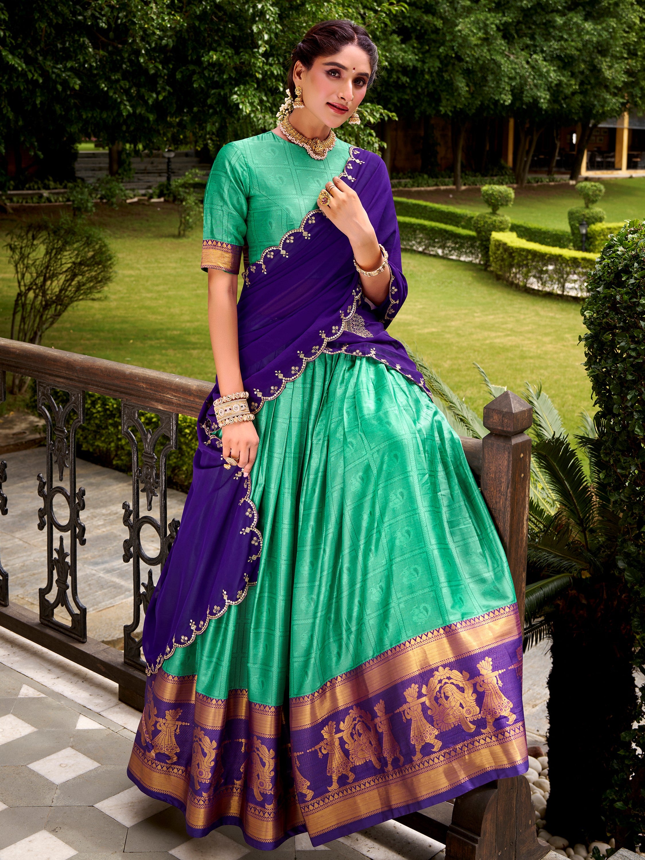 Great Sea Green Zari Waving Cotton Function Wear Half Saree Lehenga