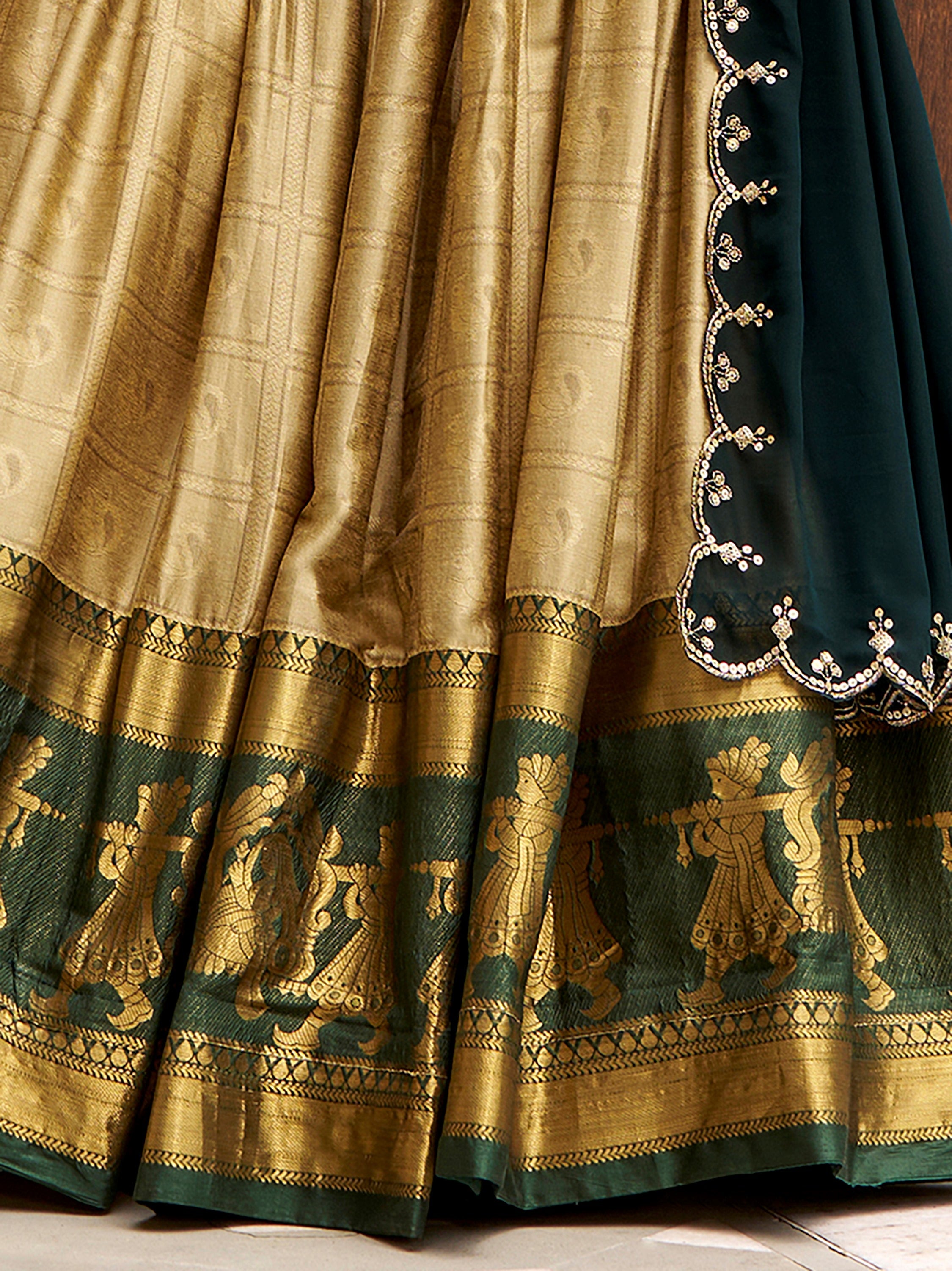 Marvelous Cream Zari Weaving Silk Marriage Wear Half Saree Lehenga