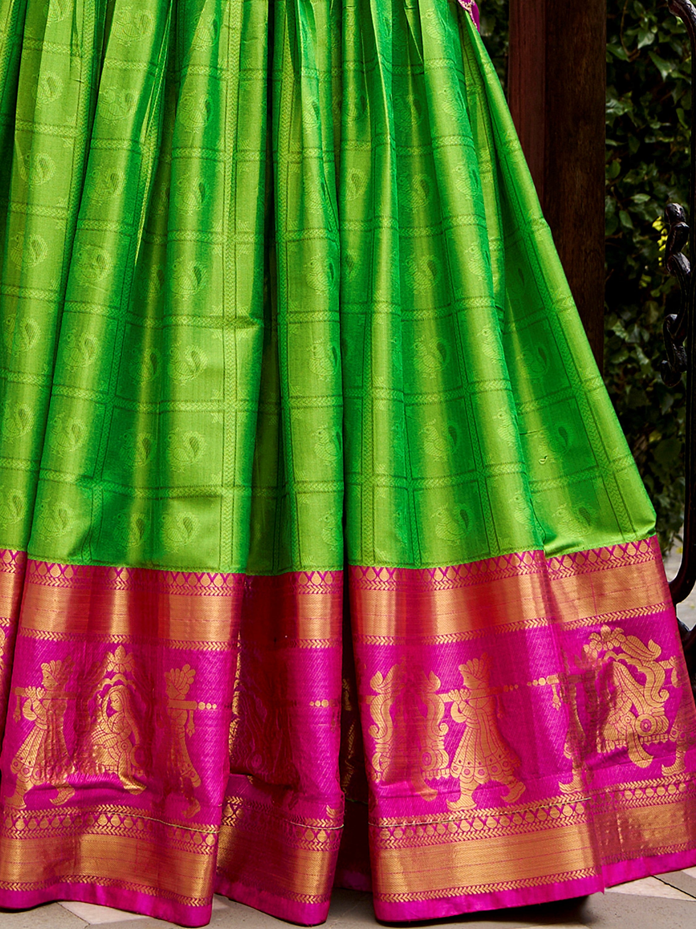 Glorious Green Zari Waving Cotton Wedding Wear Half Saree Lehenga