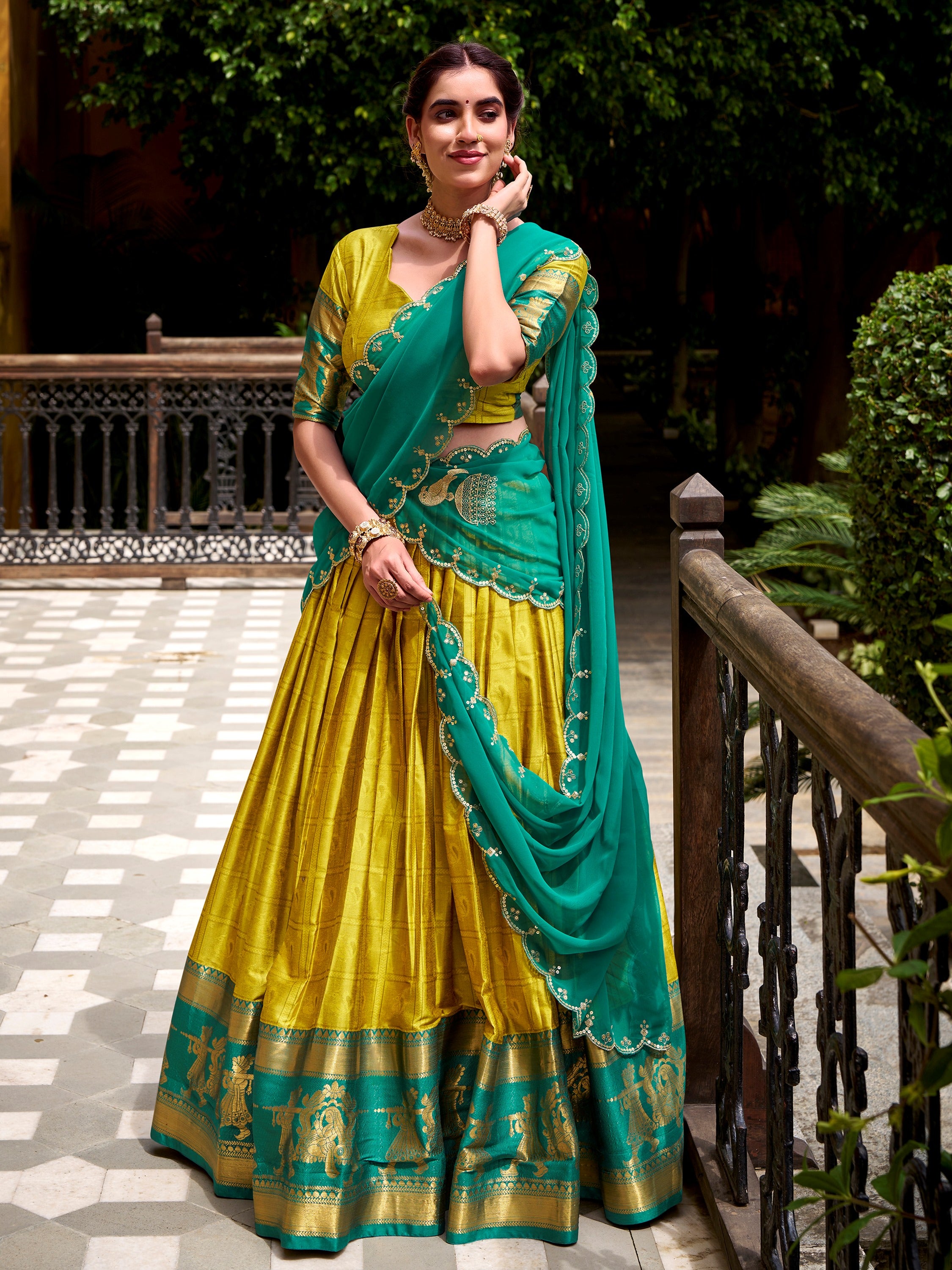 Stunning Yellow Zari Waving Cotton Event Wear Half Saree Lehenga