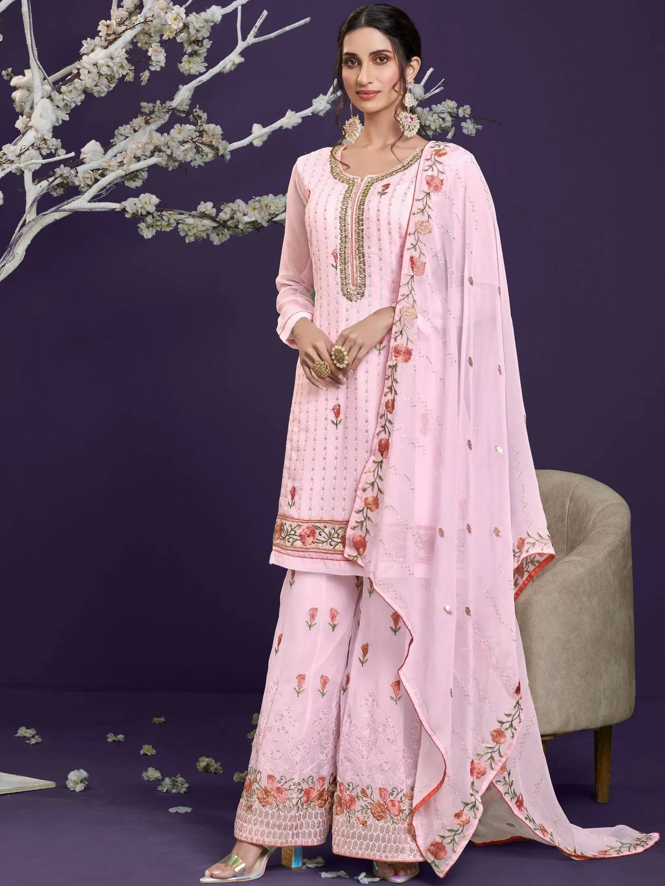 Pink floral embroidered salwar kameez with dupatta, ethnic Indian wear for women